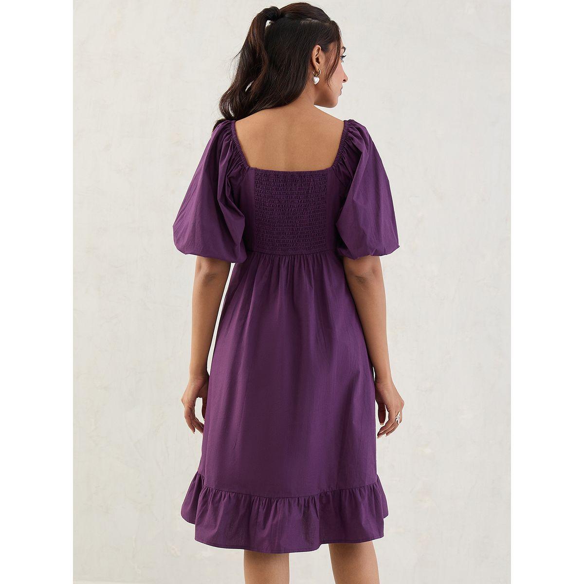فستان ميدي بياقة مربعة مع تفاصيل مُجمعة-women-clothing-dresses-image-2