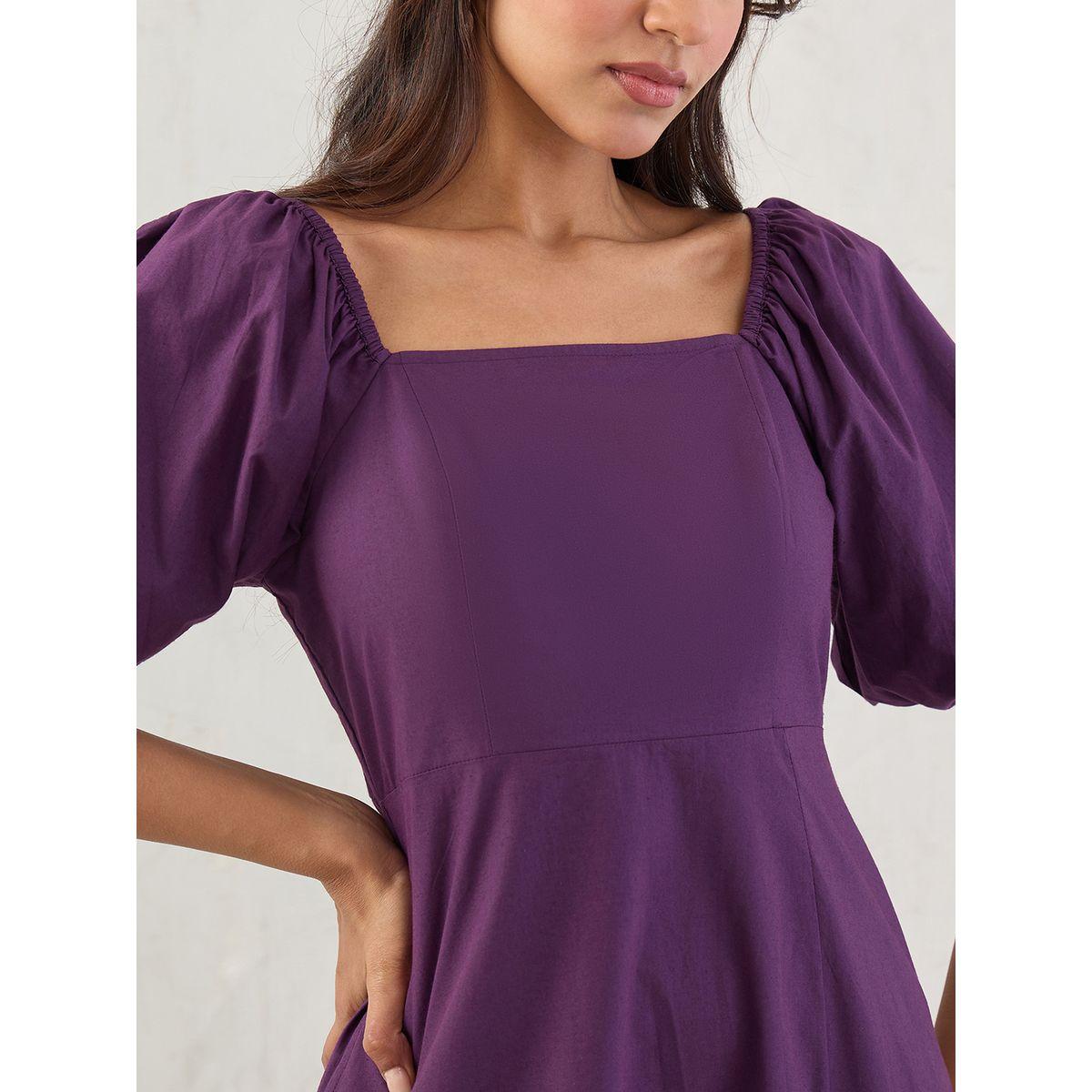 فستان ميدي بياقة مربعة مع تفاصيل مُجمعة-women-clothing-dresses-image-4