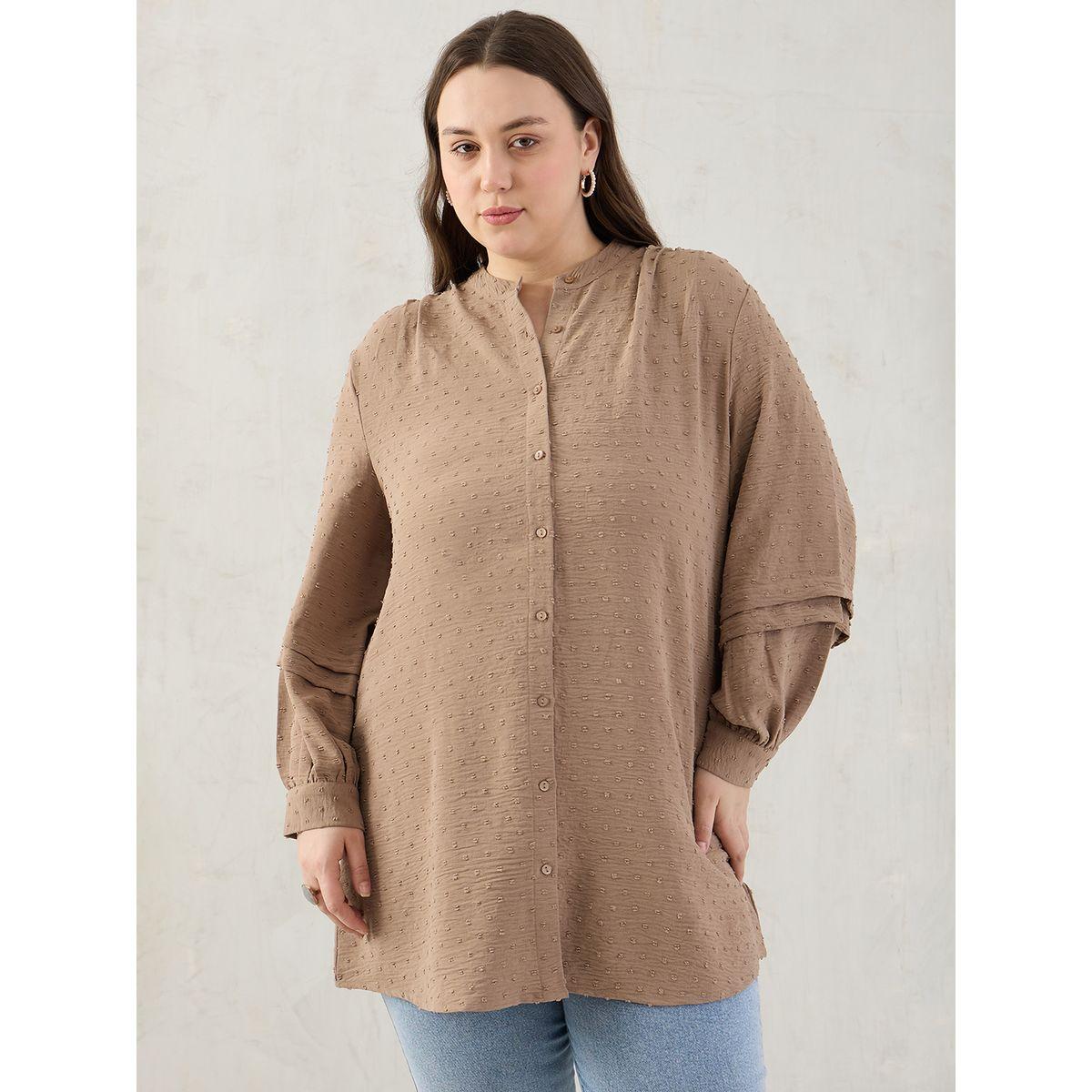 Femmella Plus Beige Dobby Longline Shirt-women-clothing-shirtsandblouses-shirts-image-1