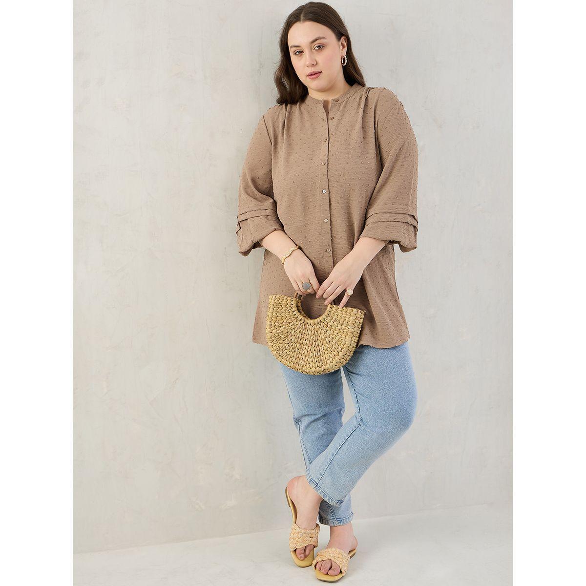 Femmella Plus Beige Dobby Longline Shirt-women-clothing-shirtsandblouses-shirts-image-5