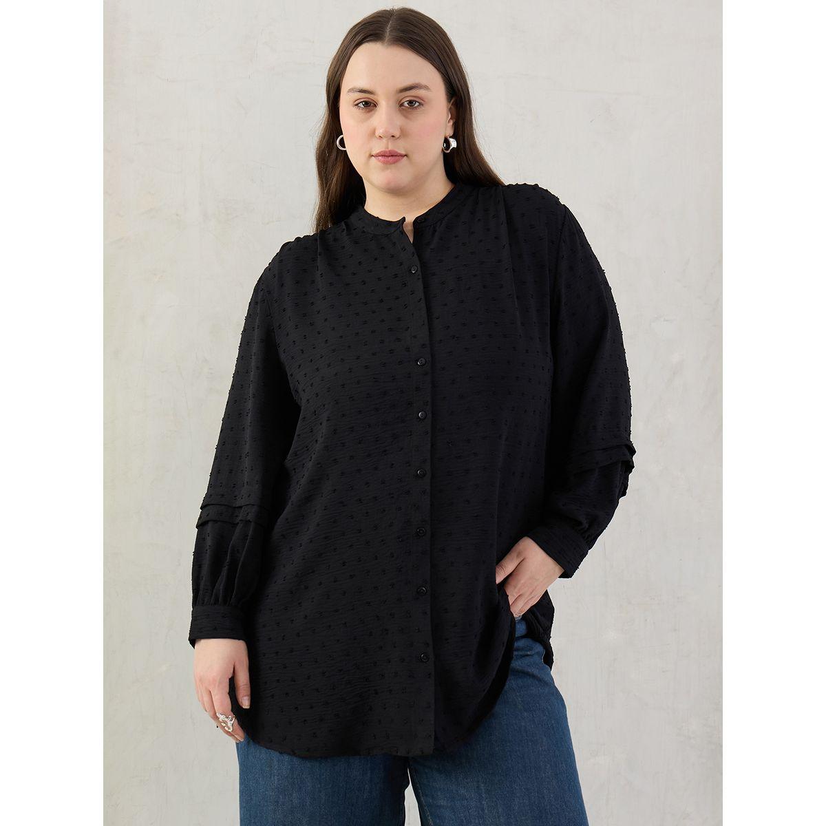 Femmella Plus Black Dobby Longline Shirt-women-clothing-shirtsandblouses-shirts-image-1