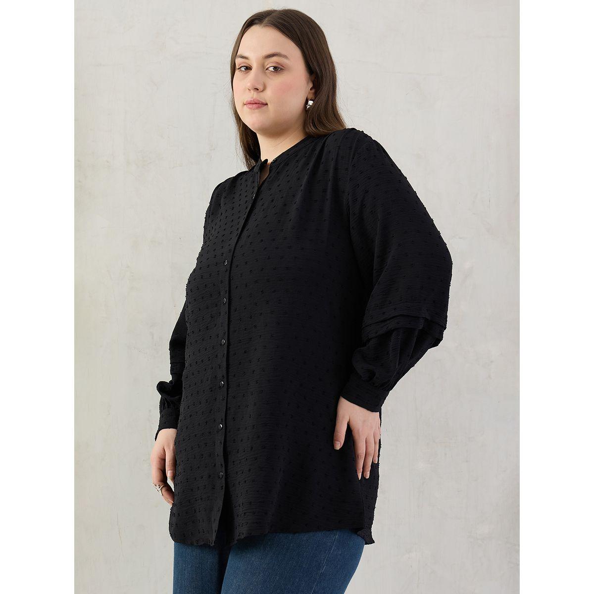 Femmella Plus Black Dobby Longline Shirt-women-clothing-shirtsandblouses-shirts-image-3