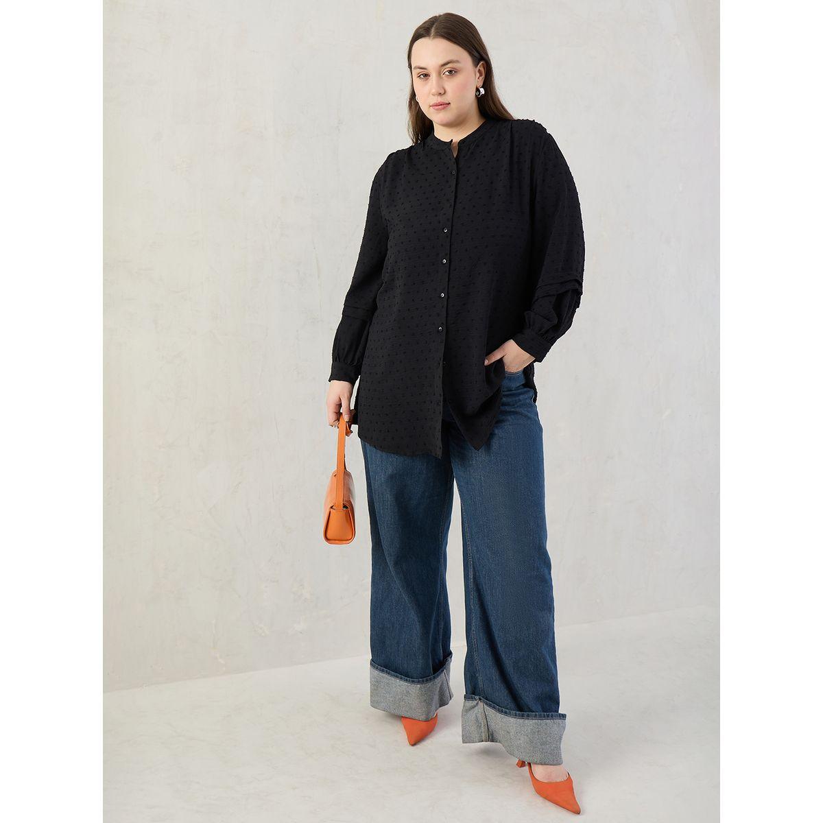Femmella Plus Black Dobby Longline Shirt-women-clothing-shirtsandblouses-shirts-image-5