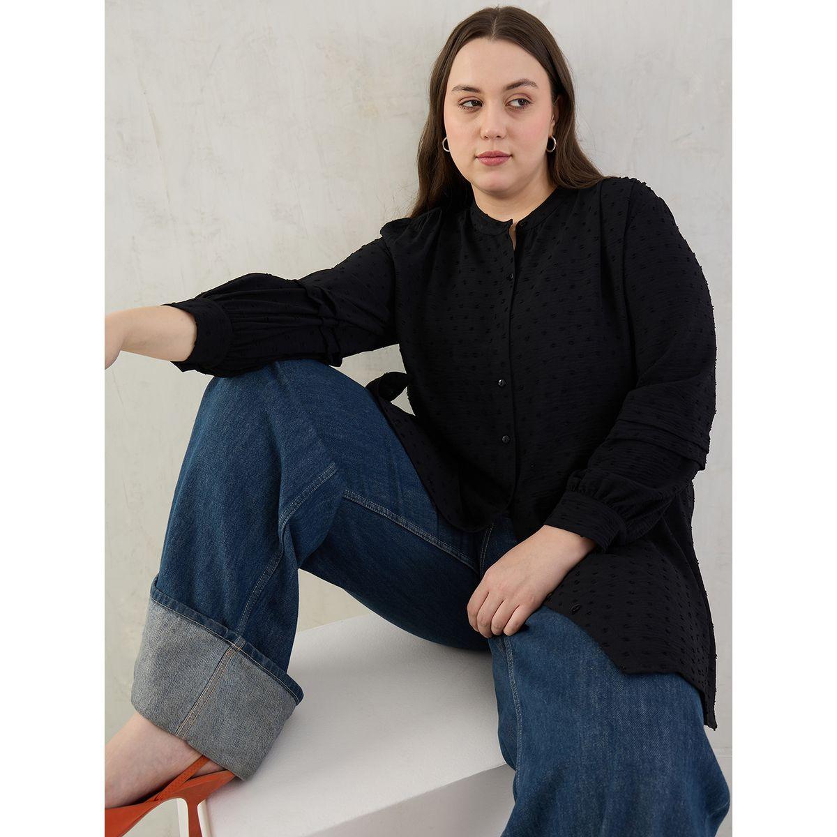 Femmella Plus Black Dobby Longline Shirt-women-clothing-shirtsandblouses-shirts-image-6