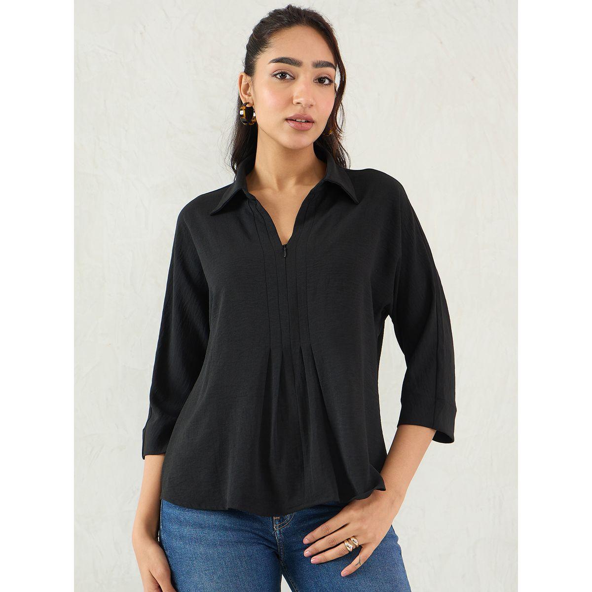 بلوزة بتفاصيل كسرات مع ياقة-women-clothing-shirtsandblouses-blouses-image-1