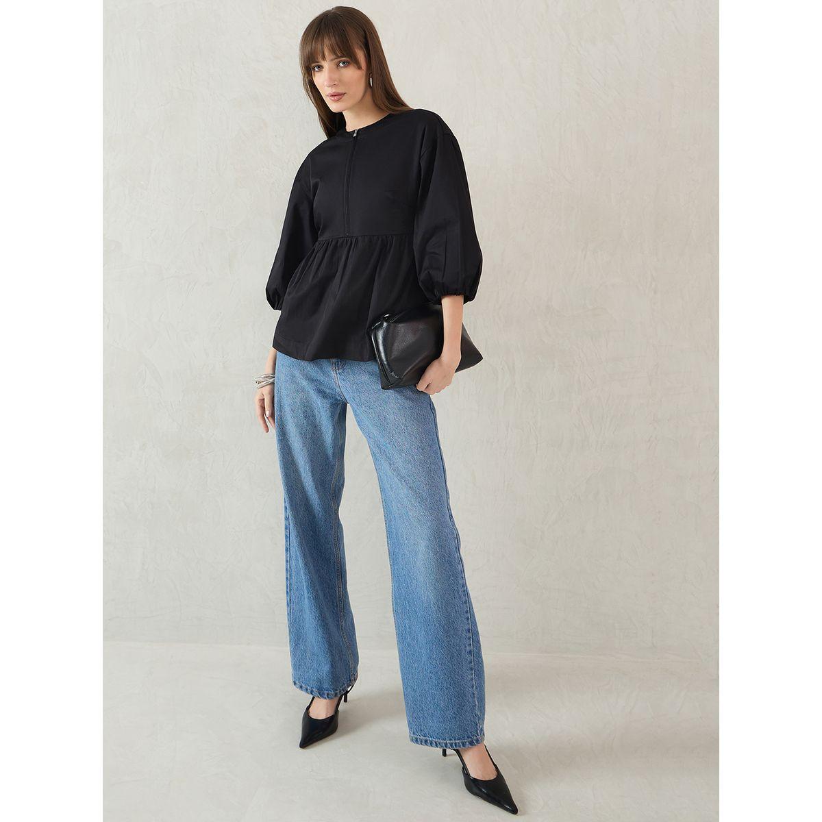Femmella Black Cotton Half-Zip Peplum Top-women-clothing-shirtsandblouses-blouses-image-5