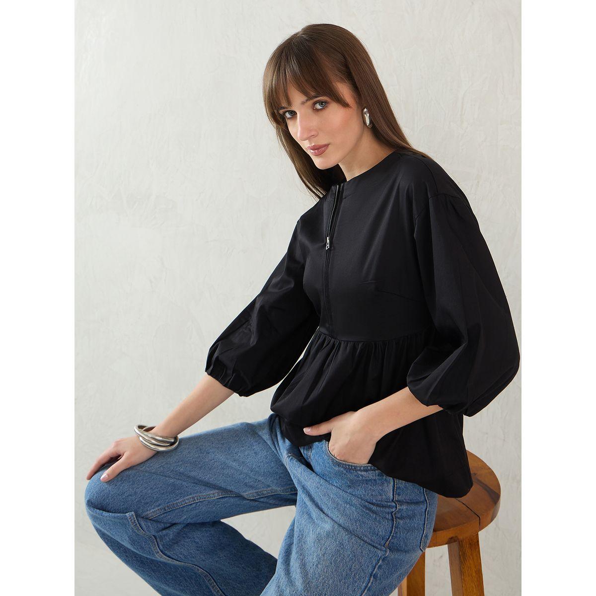 Femmella Black Cotton Half-Zip Peplum Top-women-clothing-shirtsandblouses-blouses-image-6