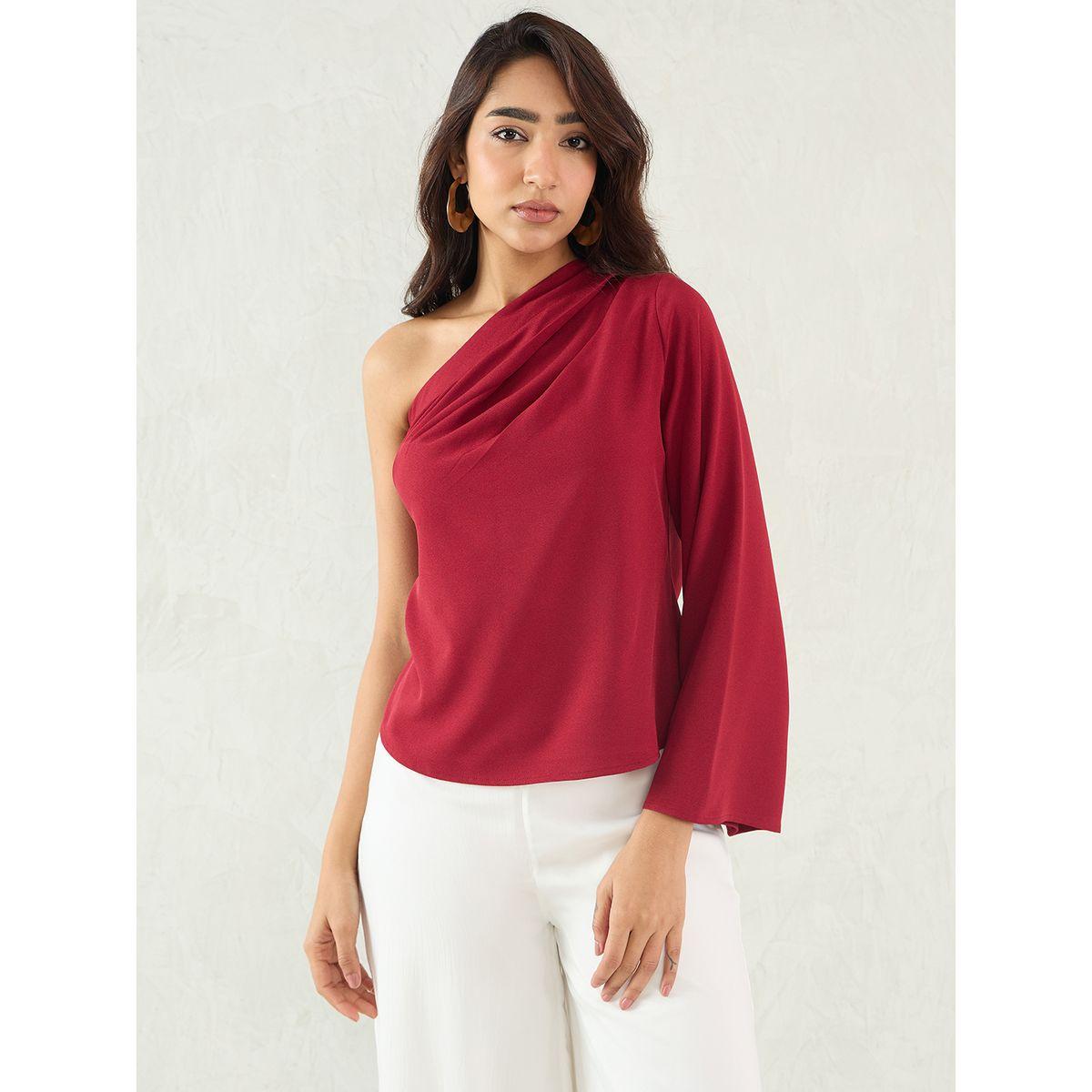Femmella Maroon One Shoulder Bell Sleeve Top-women-clothing-shirtsandblouses-blouses-image-1