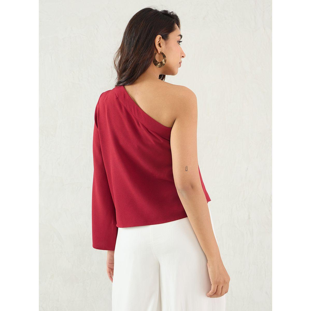بلوزة بتفاصيل كتف واحد مع كُم بنمط جرس-women-clothing-shirtsandblouses-blouses-image-2