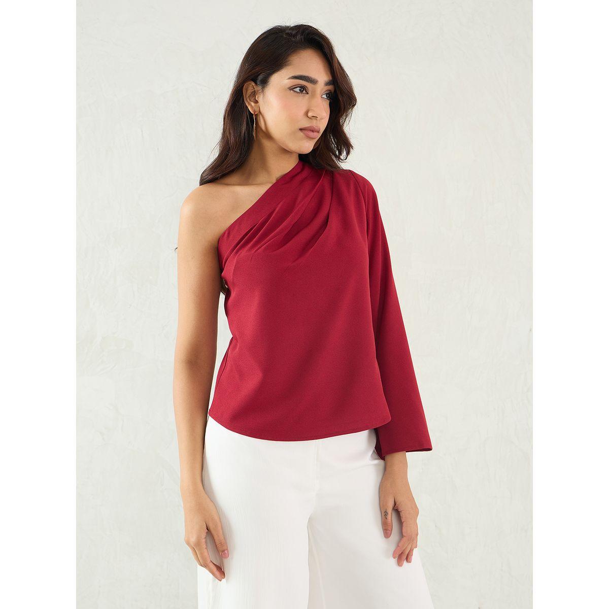 بلوزة بتفاصيل كتف واحد مع كُم بنمط جرس-women-clothing-shirtsandblouses-blouses-image-3