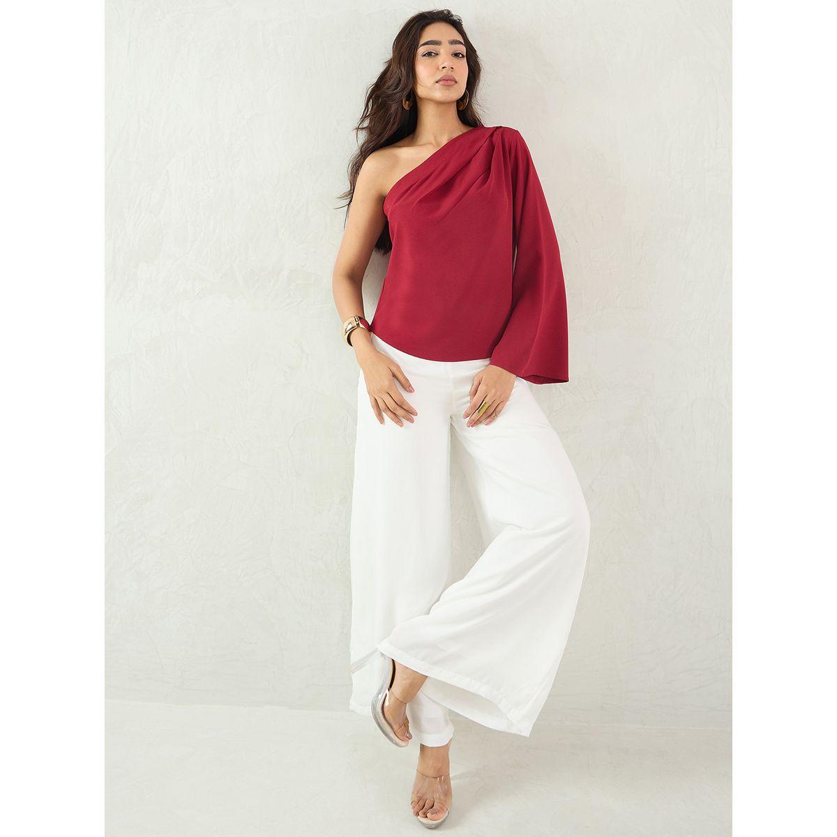 Femmella Maroon One Shoulder Bell Sleeve Top-women-clothing-shirtsandblouses-blouses-image-5