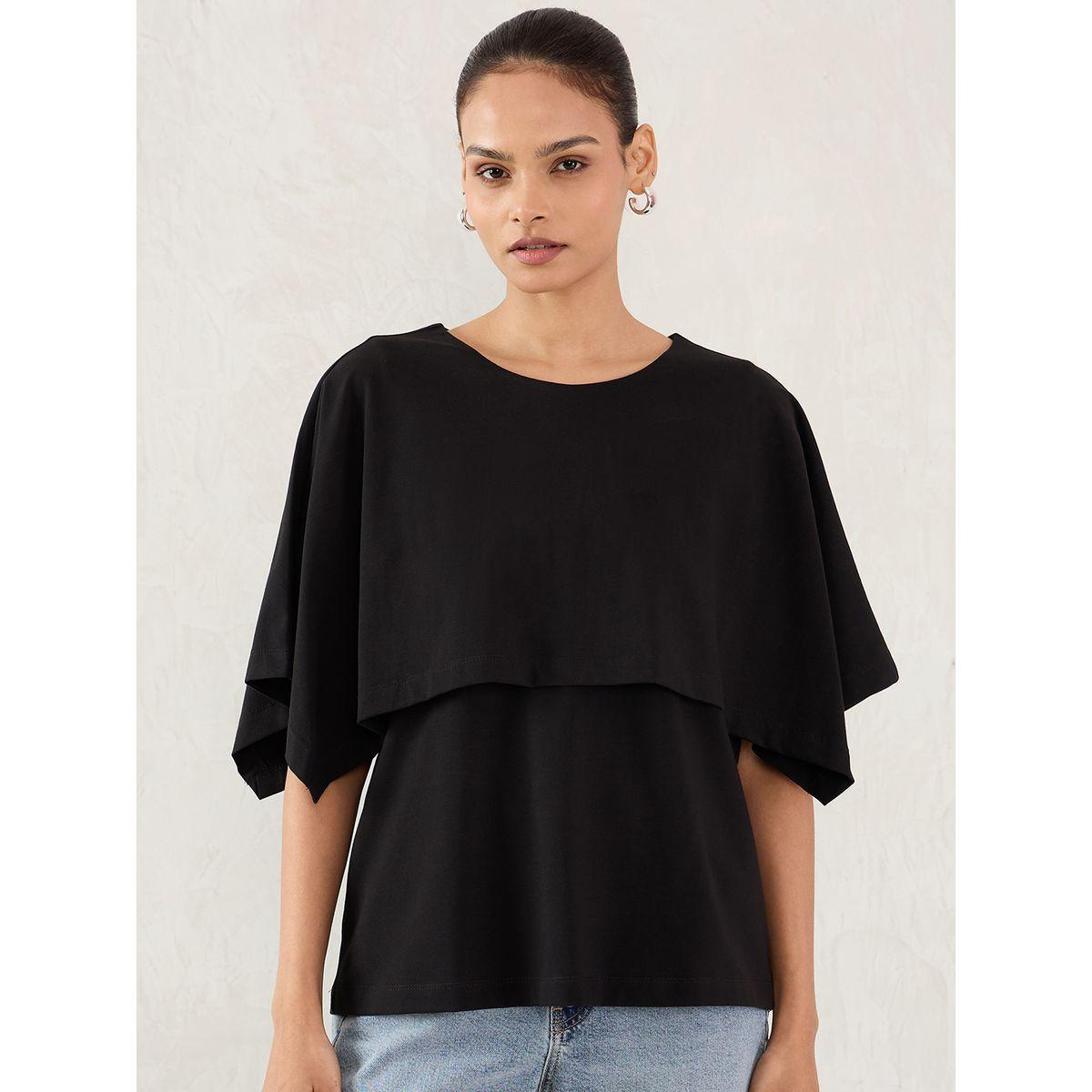 Femmella Black Cotton Knit Cape Top-women-clothing-tshirts-image-1