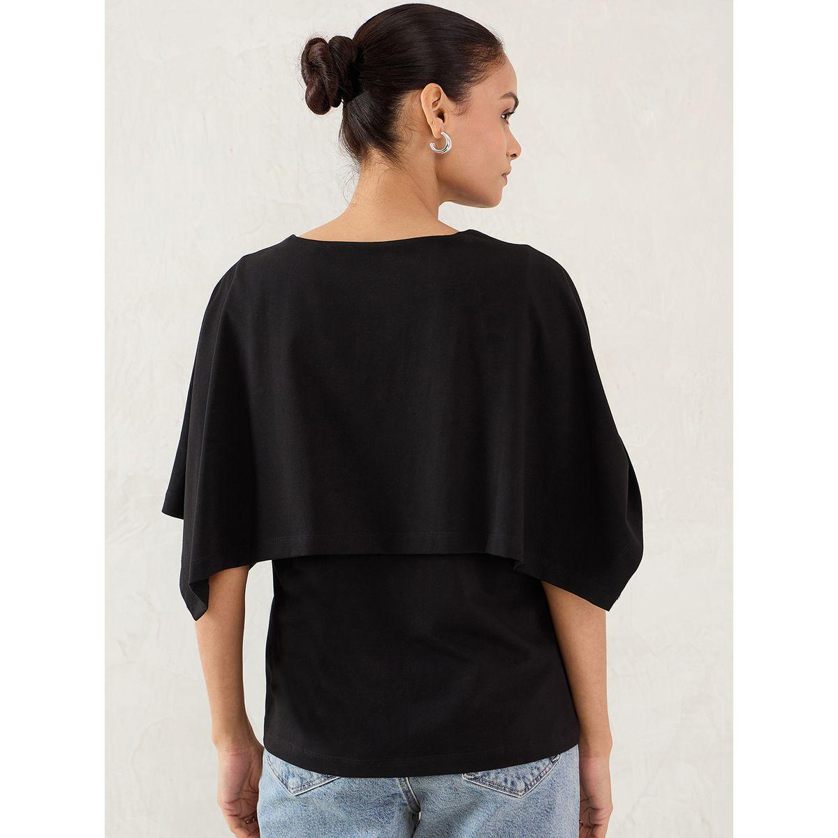 Femmella Black Cotton Knit Cape Top-women-clothing-tshirts-image-2
