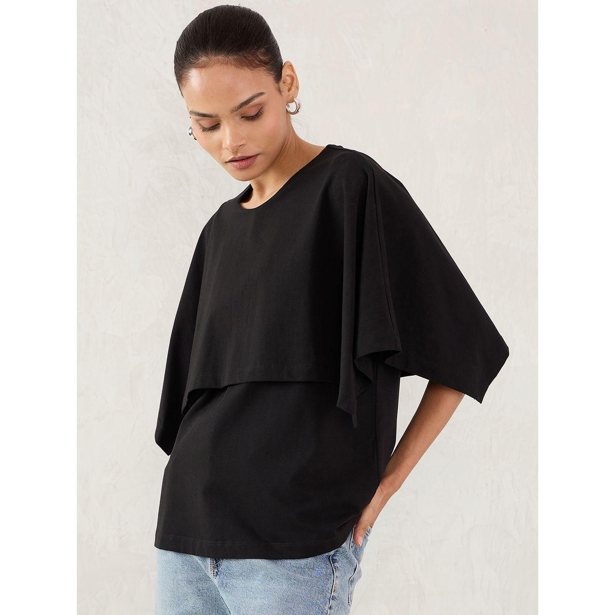 Femmella Black Cotton Knit Cape Top-women-clothing-tshirts-image-3