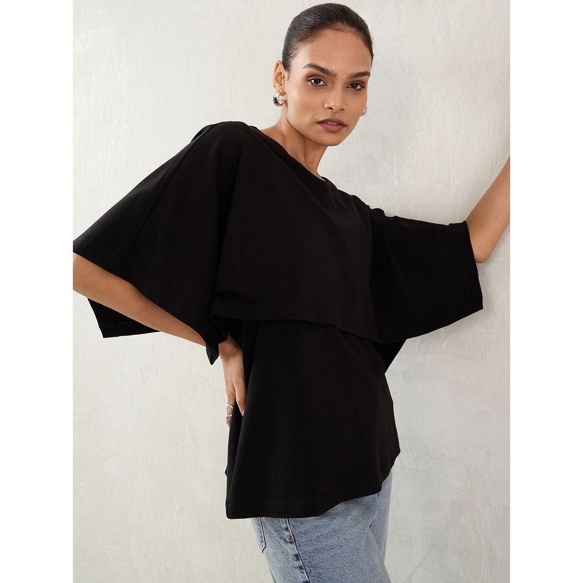 Femmella Black Cotton Knit Cape Top-women-clothing-tshirts-image-6