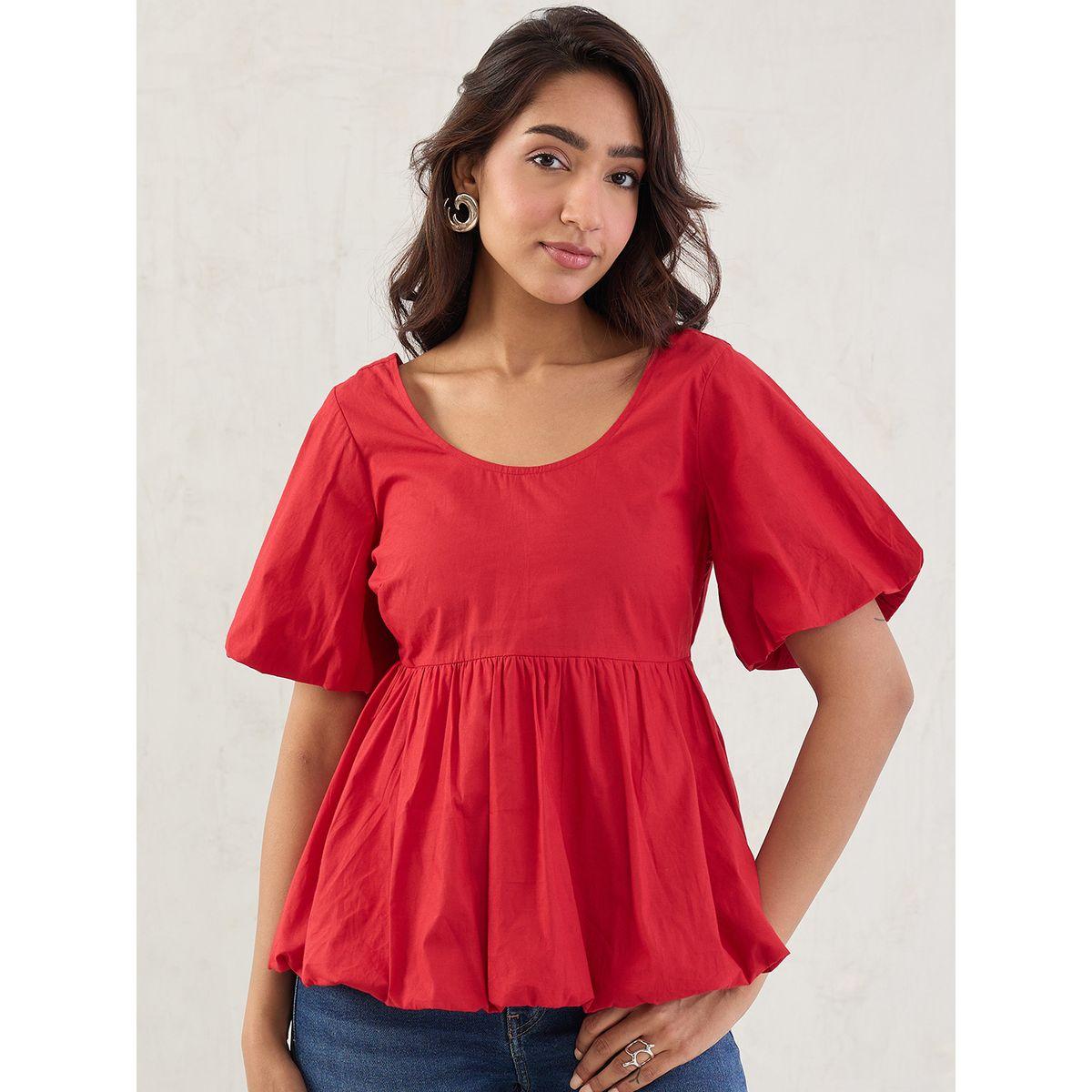 بلوزة بأكمام منفوخة مع تفاصيل كسرات-women-clothing-shirtsandblouses-blouses-image-1