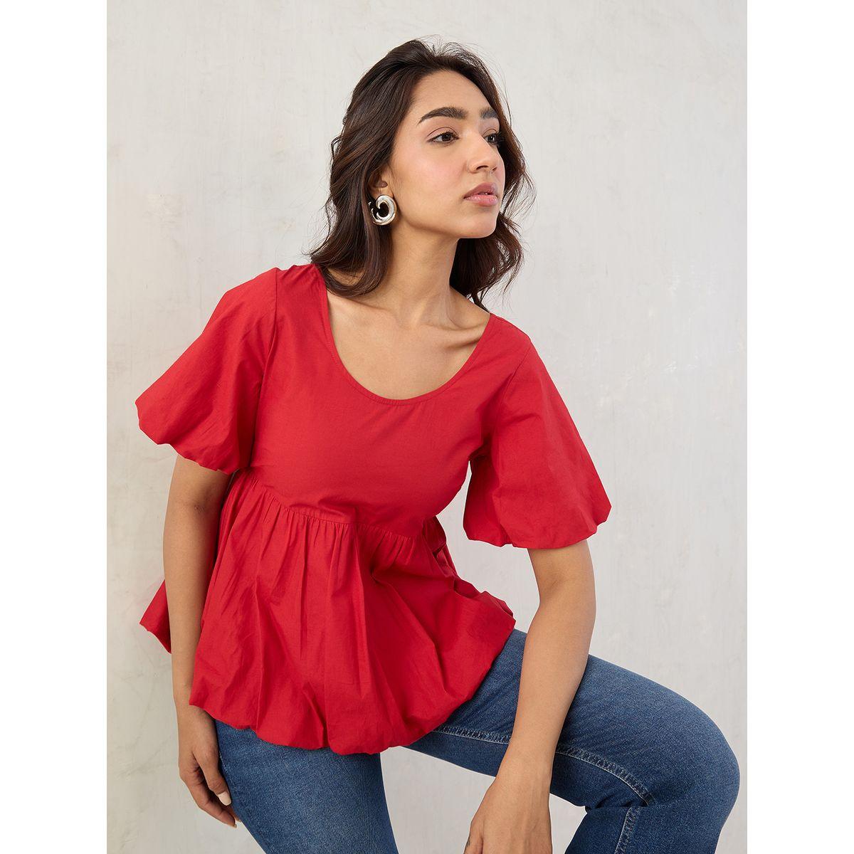 Femmella Red Poplin Peplum Hem Top-women-clothing-shirtsandblouses-blouses-image-6