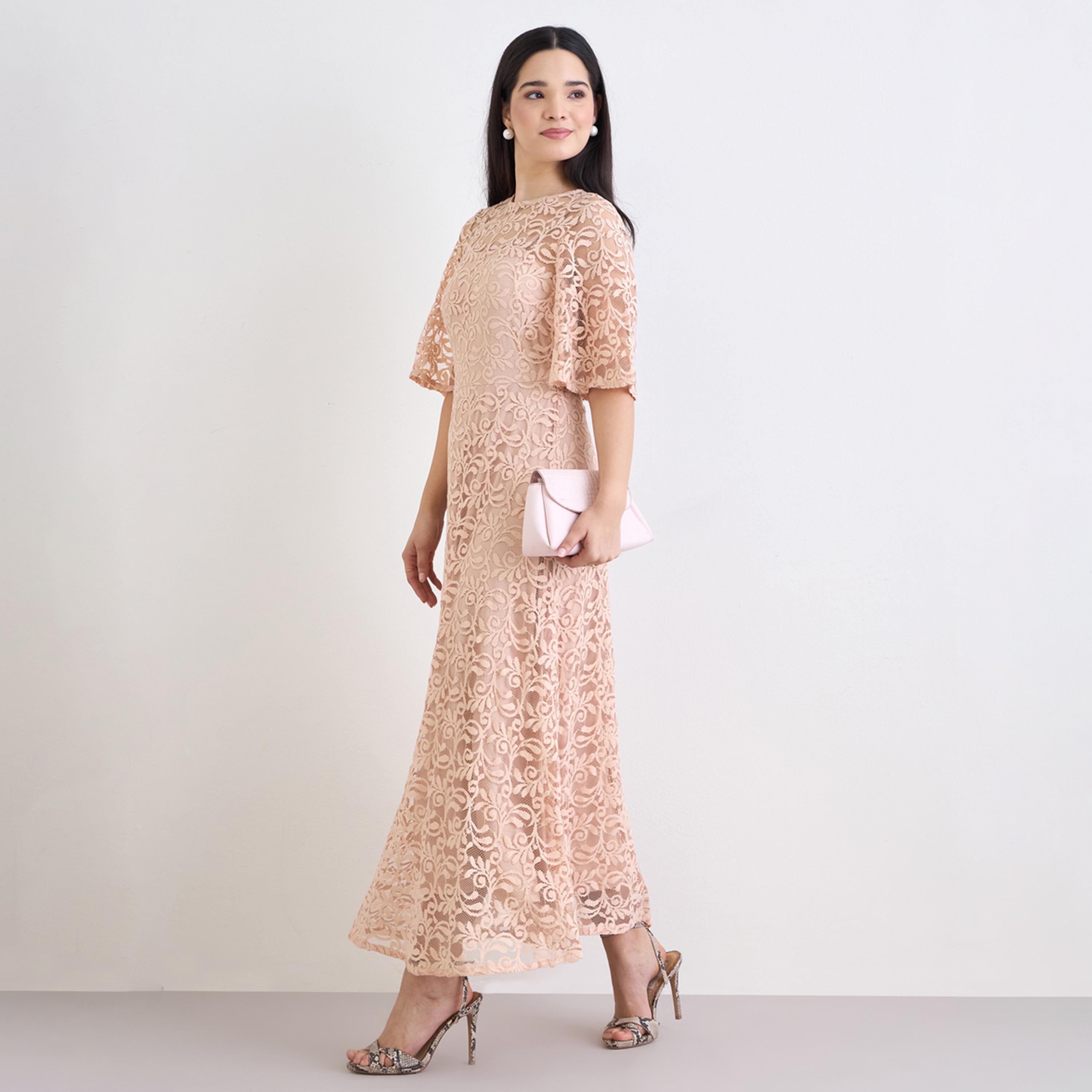 ستايلي - فستان ماكسي وردي من الدانتيل بالكامل على شكل حرف A-women-clothing-dresses-image-1