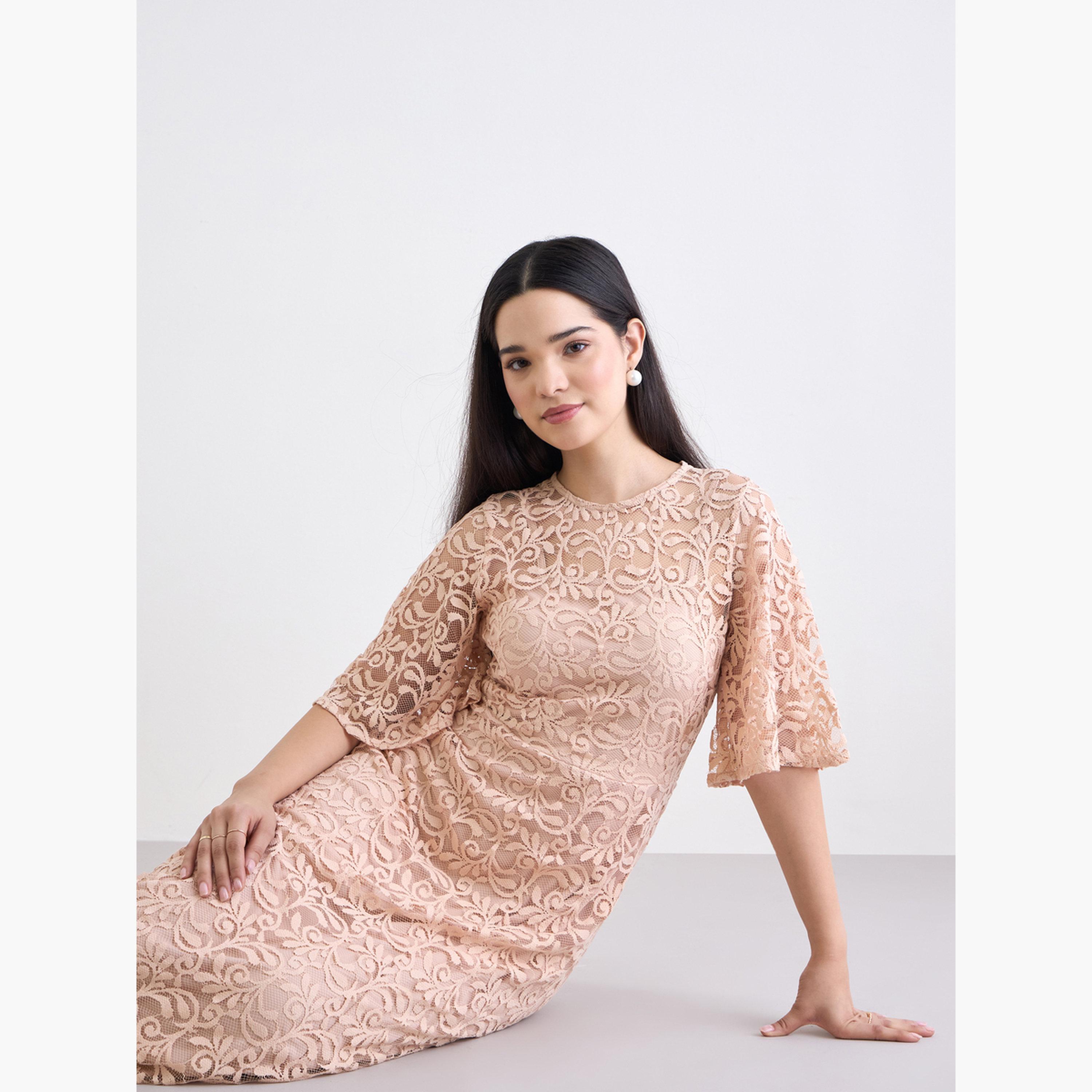 ستايلي - فستان ماكسي وردي من الدانتيل بالكامل على شكل حرف A-women-clothing-dresses-image-2