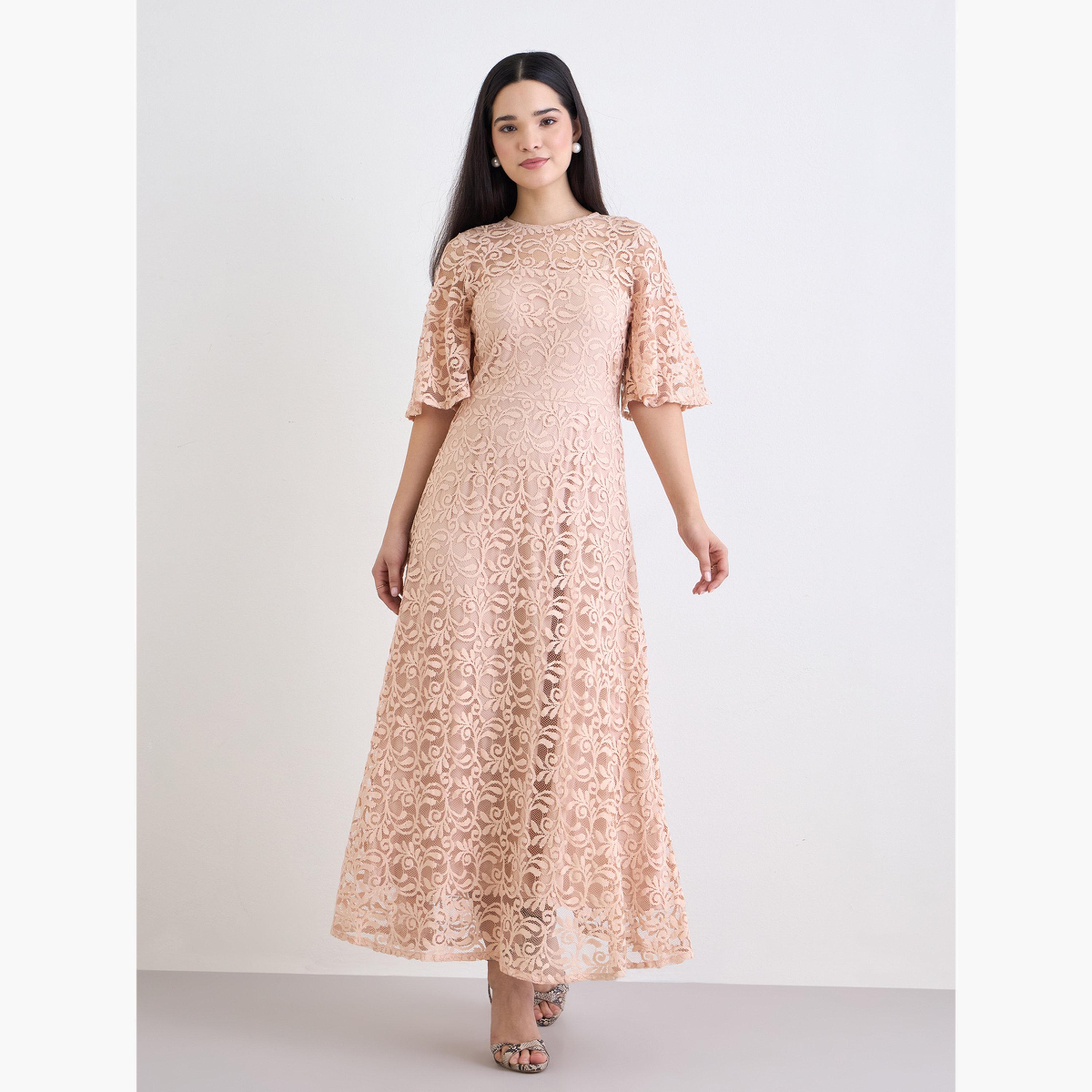 ستايلي - فستان ماكسي وردي من الدانتيل بالكامل على شكل حرف A-women-clothing-dresses-image-3