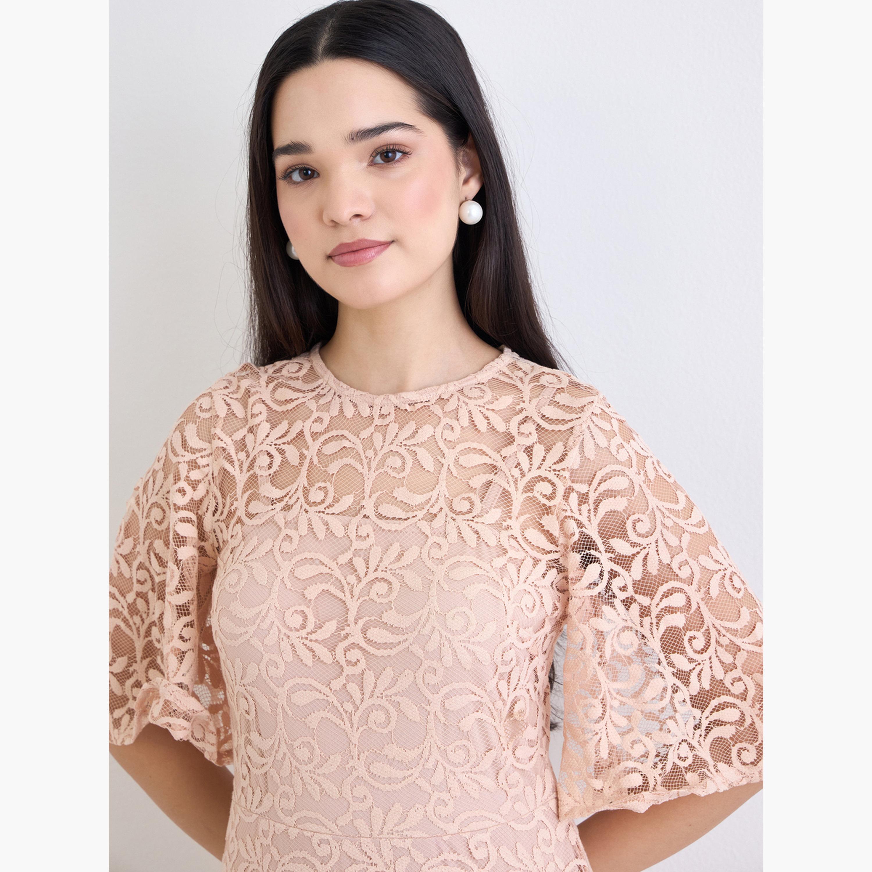 ستايلي - فستان ماكسي وردي من الدانتيل بالكامل على شكل حرف A-women-clothing-dresses-image-4