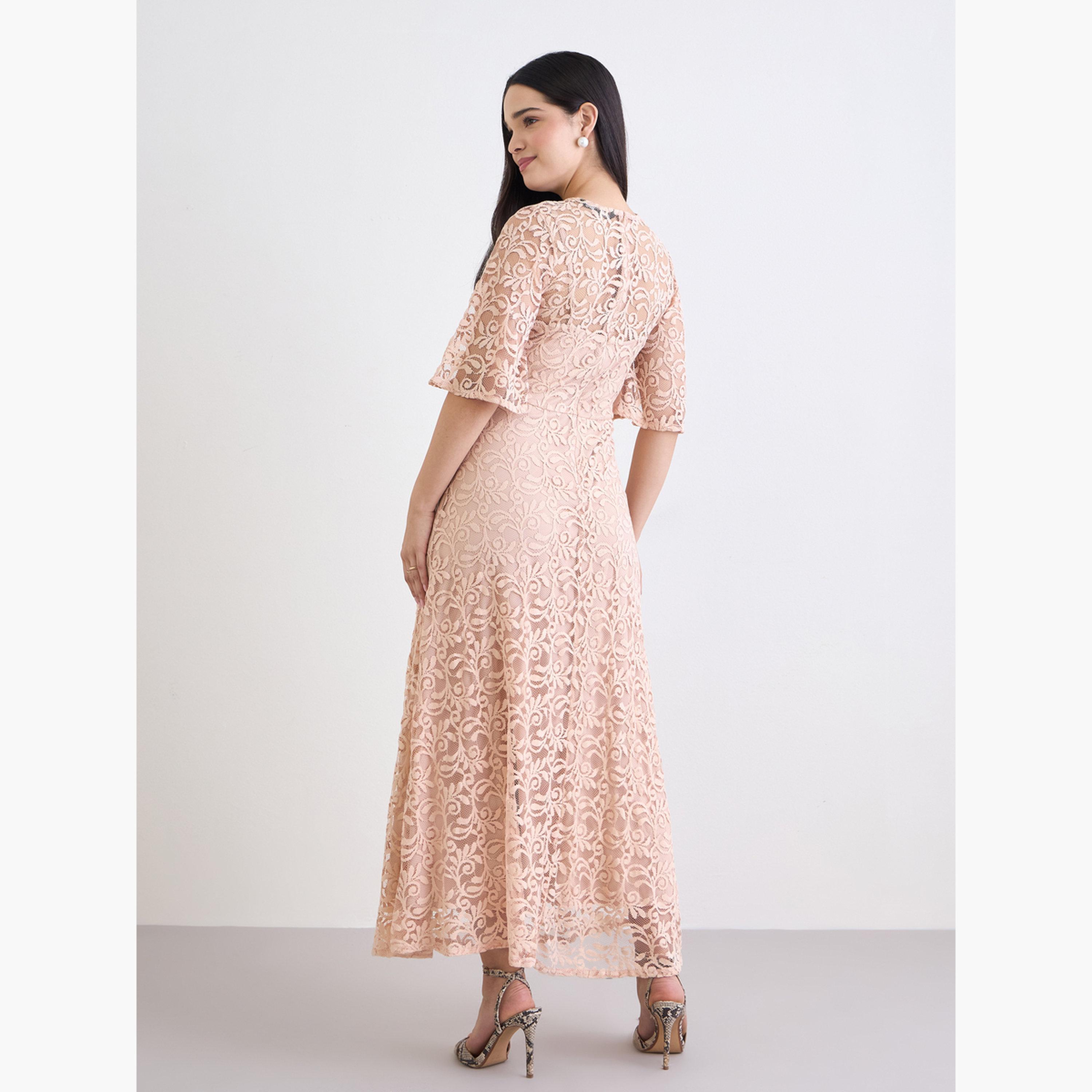 ستايلي - فستان ماكسي وردي من الدانتيل بالكامل على شكل حرف A-women-clothing-dresses-image-5