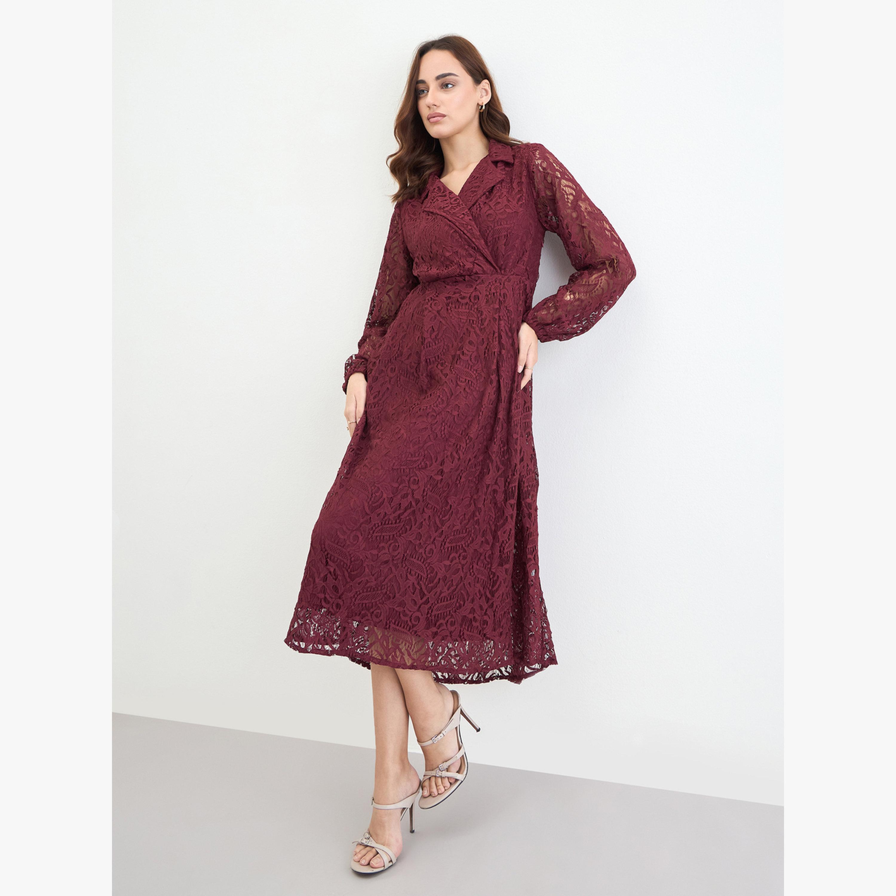 فستان ميدي بربطة جانبية وتفاصيل دانتيل-women-clothing-dresses-image-1