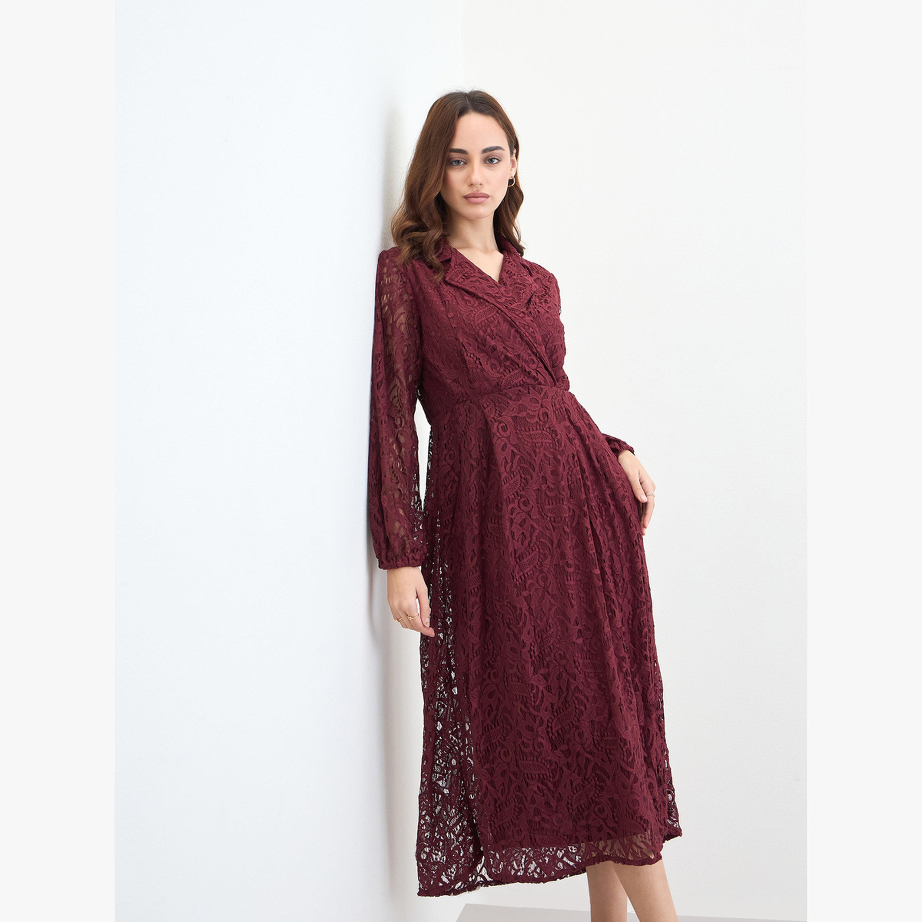 فستان ميدي بربطة جانبية وتفاصيل دانتيل-women-clothing-dresses-image-2