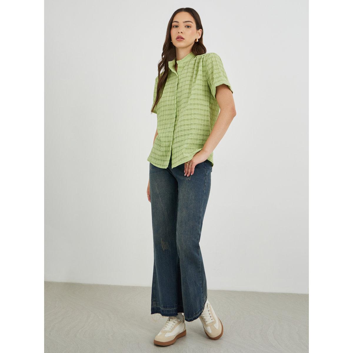 Styli Textured Stand Collar Short Sleeve Shirt-women-clothing-shirtsandblouses-shirts-image-2