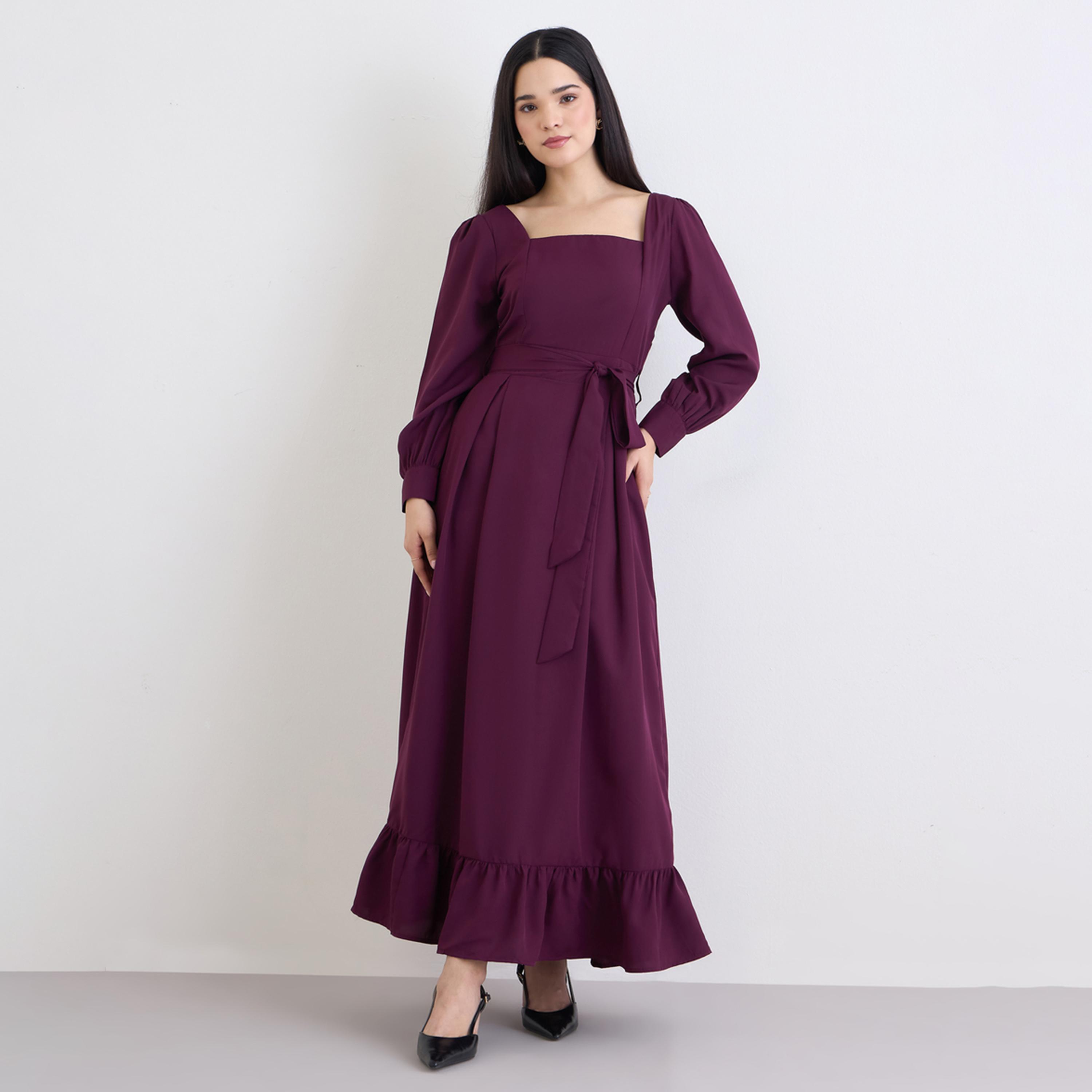 Styli Women Burgundy Plain Long Sleeves A-Line Maxi Dress-women-clothing-dresses-image-1