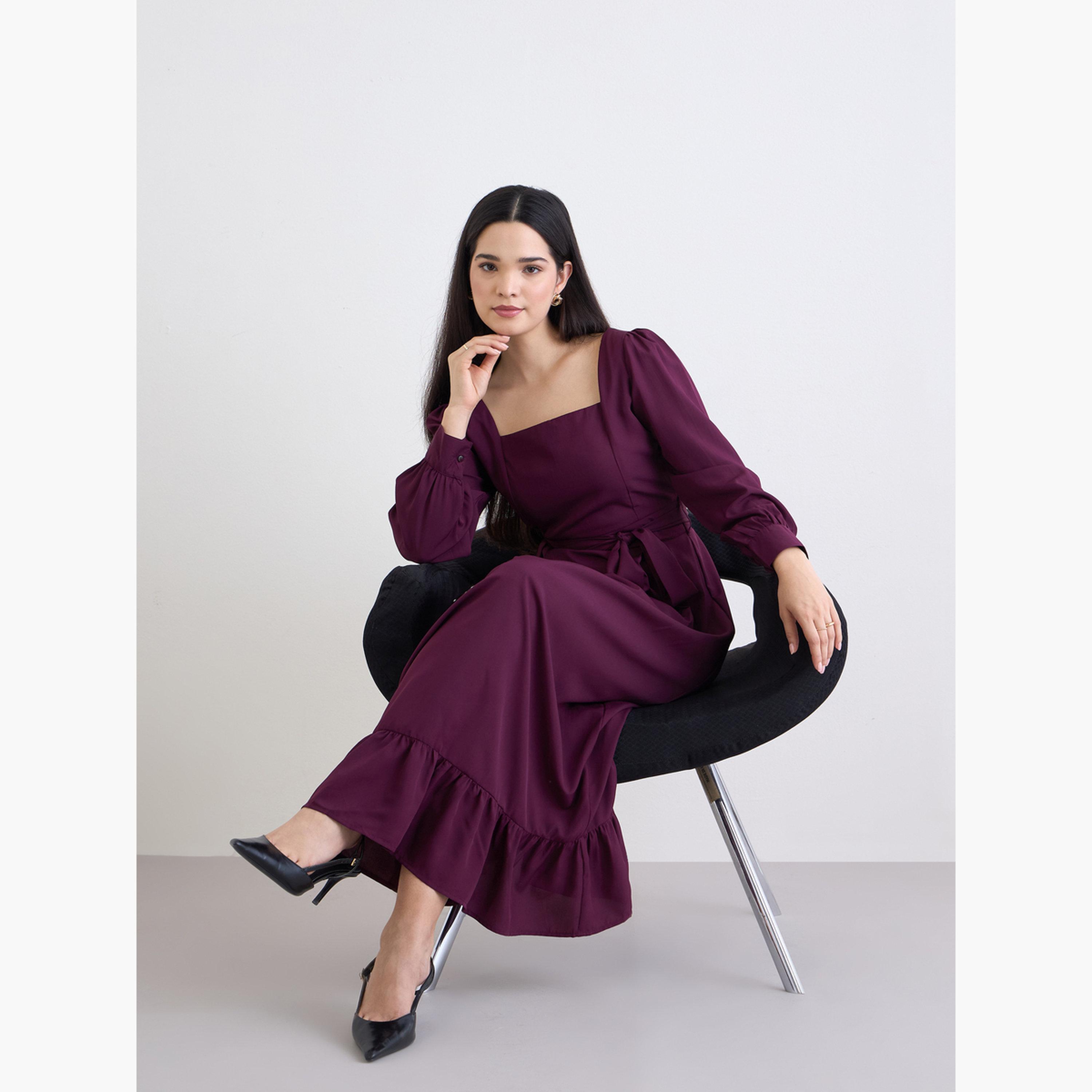 ستايلي - فستان ماكسي نسائي بلون برغندي سادة بأكمام طويلة وقصة حرف A-women-clothing-dresses-image-2