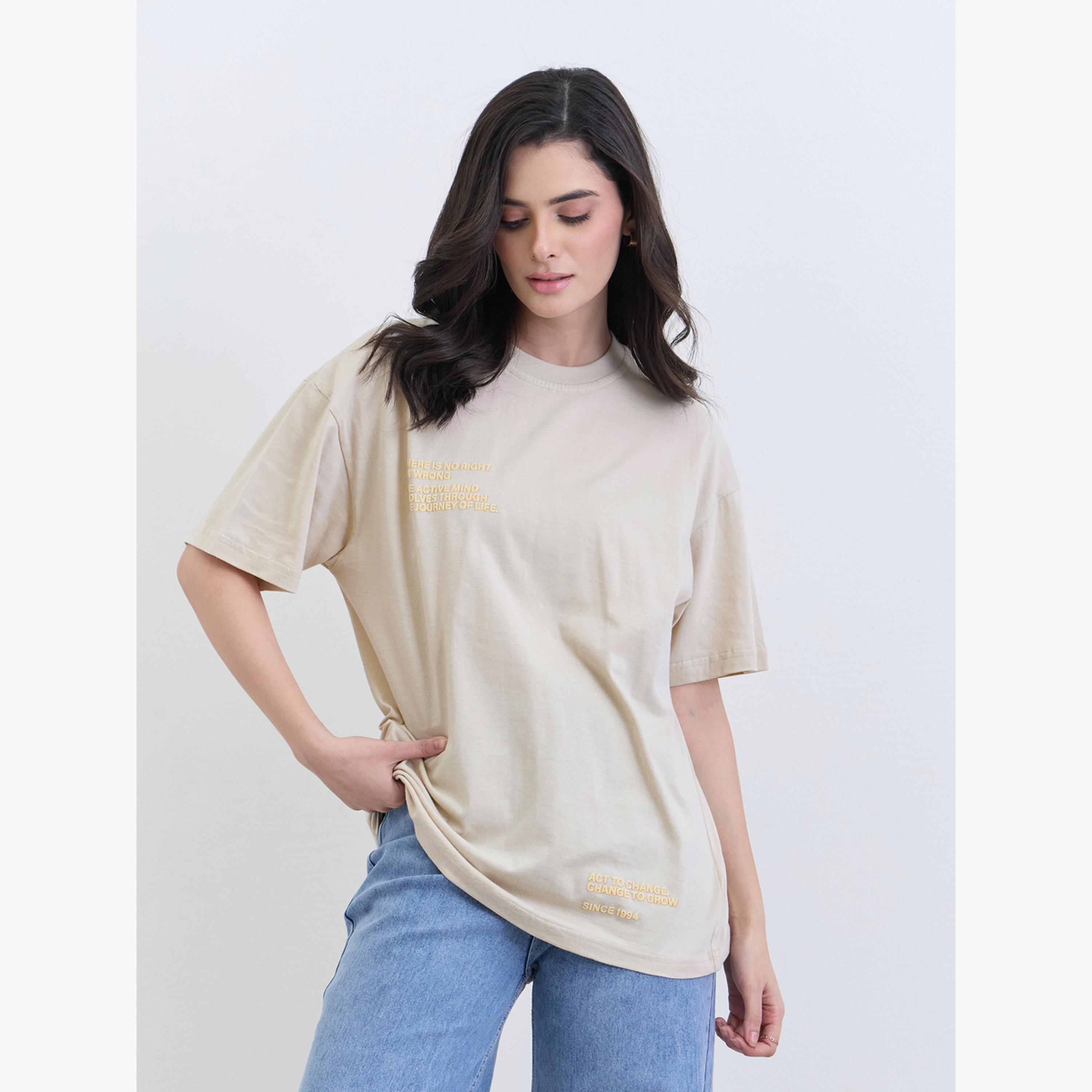 Styli Beige Oversized Embossed Print T-Shirt-women-clothing-tshirts-image-1