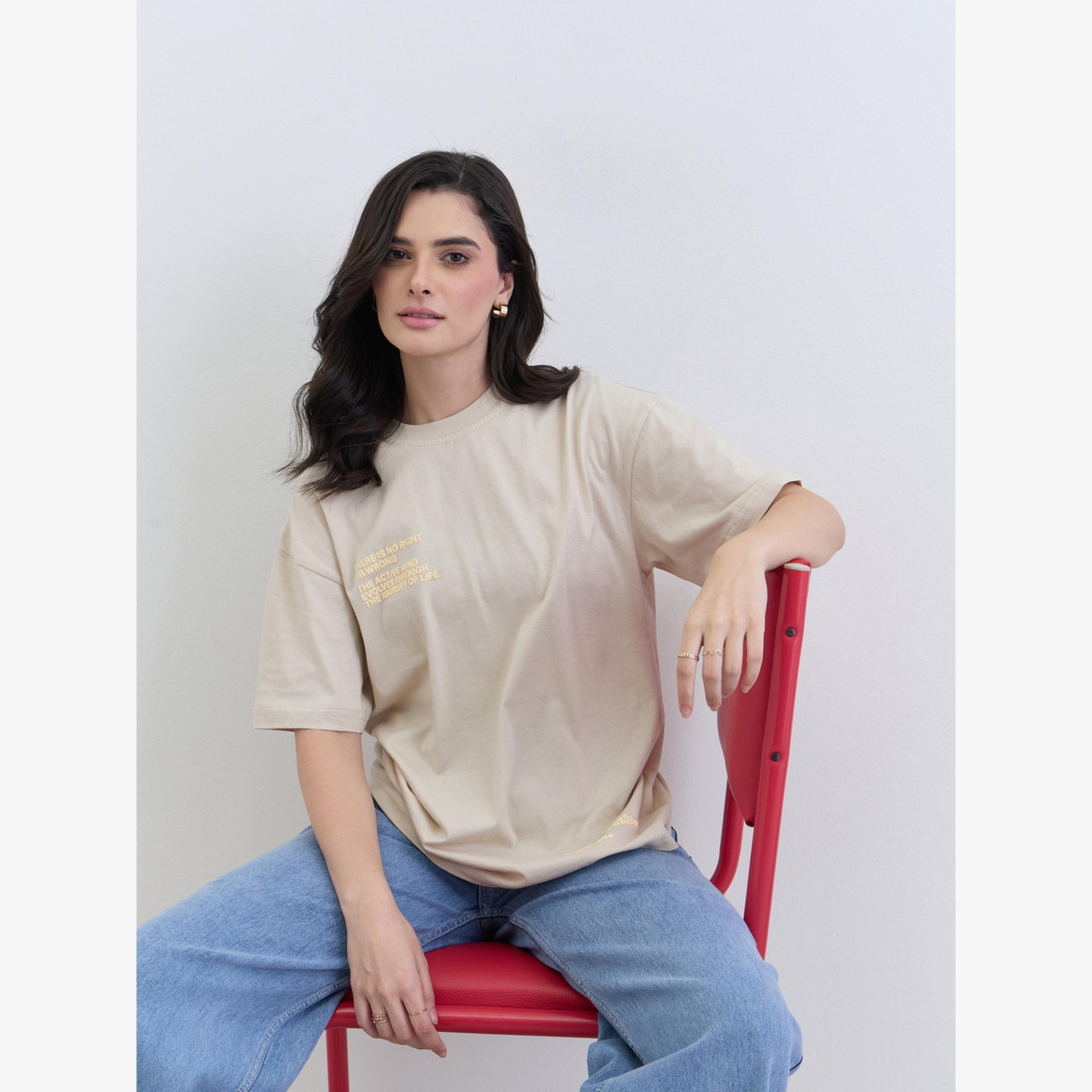 Styli Beige Oversized Embossed Print T-Shirt-women-clothing-tshirts-image-3