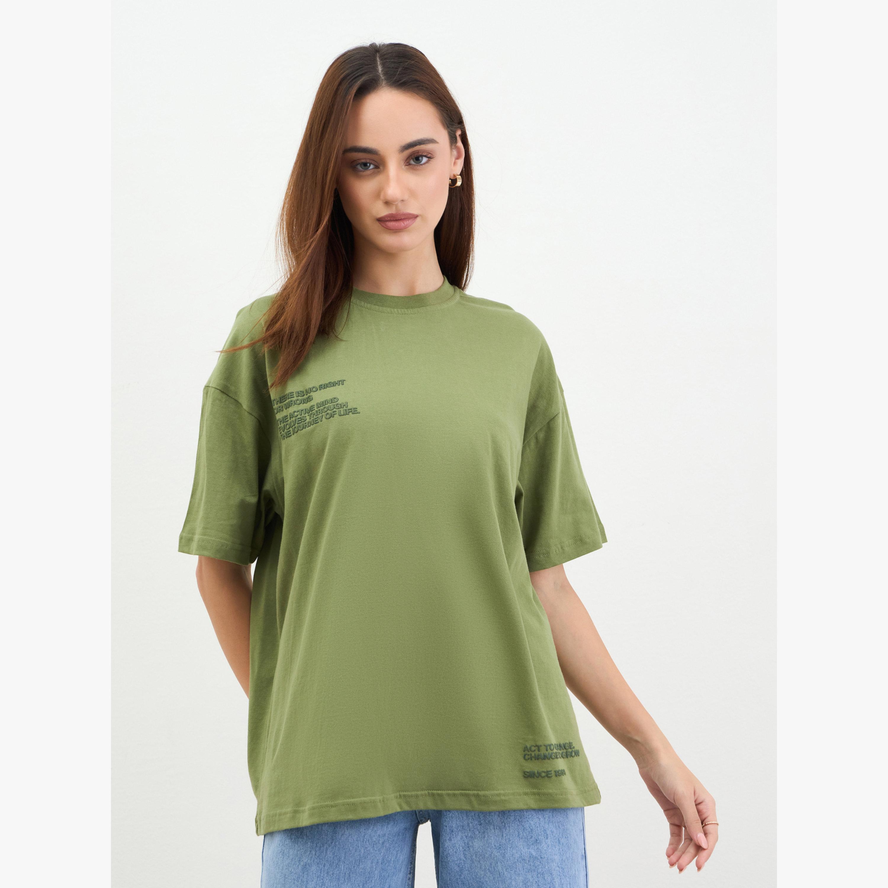 Styli Khaki Oversized Embossed Print T-Shirt-women-clothing-tshirts-image-1