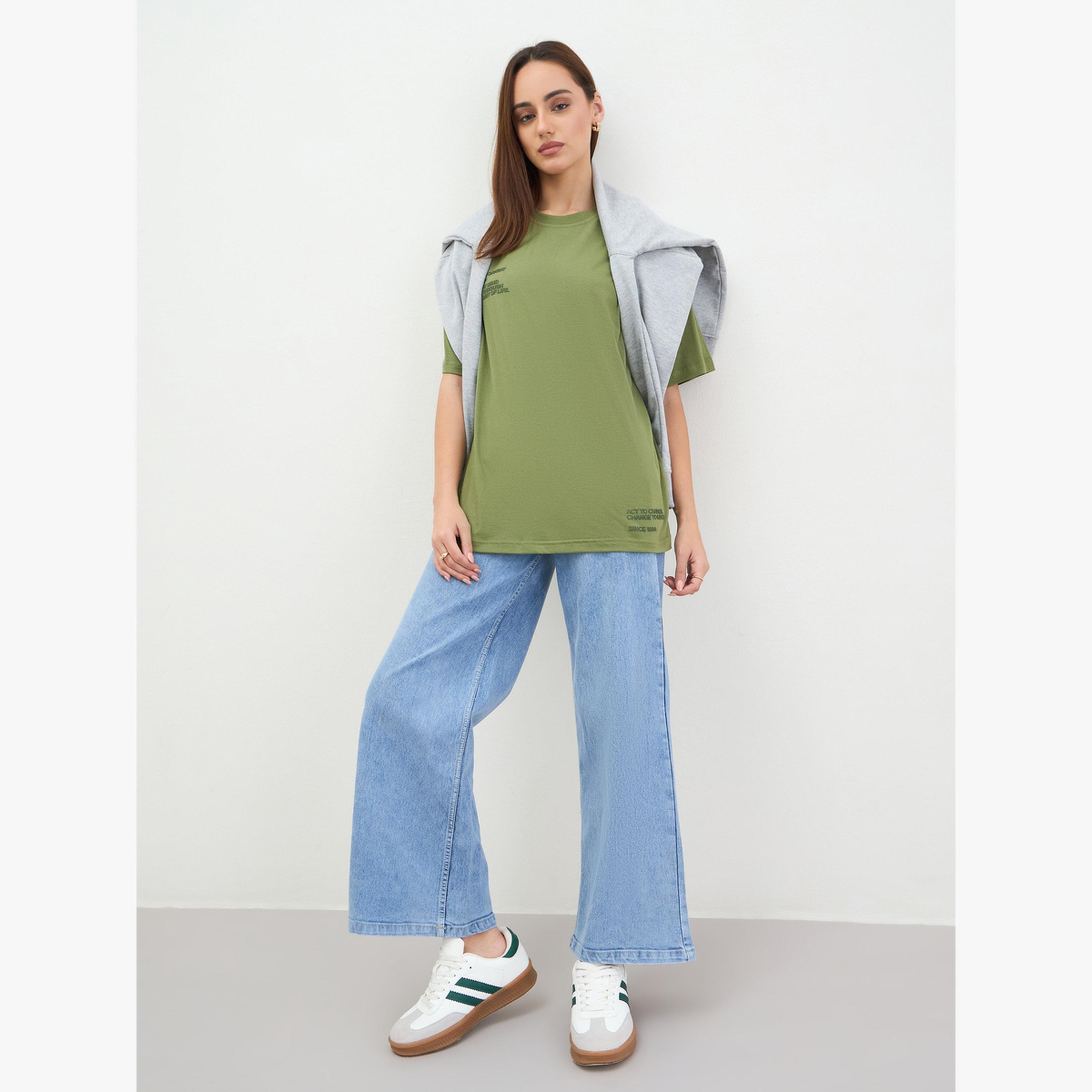 Styli Khaki Oversized Embossed Print T-Shirt-women-clothing-tshirts-image-2
