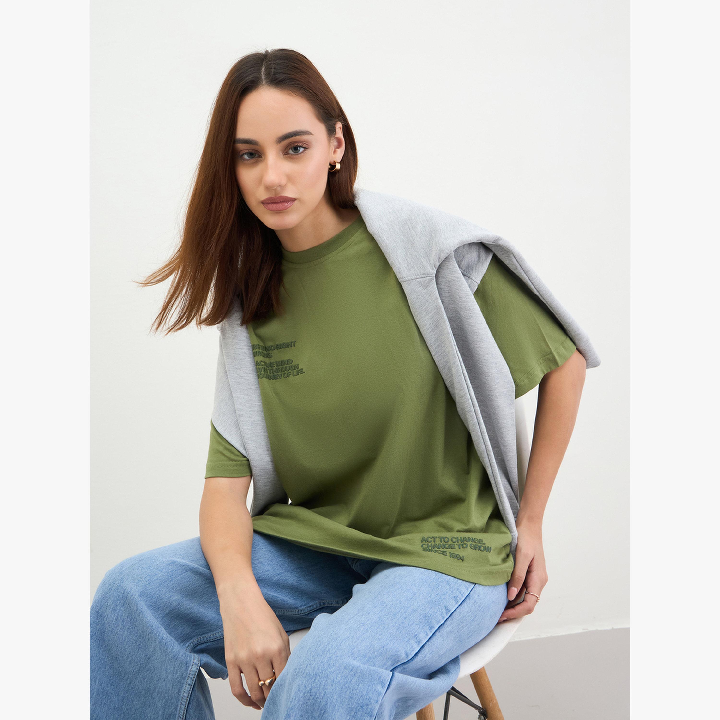 Styli Khaki Oversized Embossed Print T-Shirt-women-clothing-tshirts-image-3