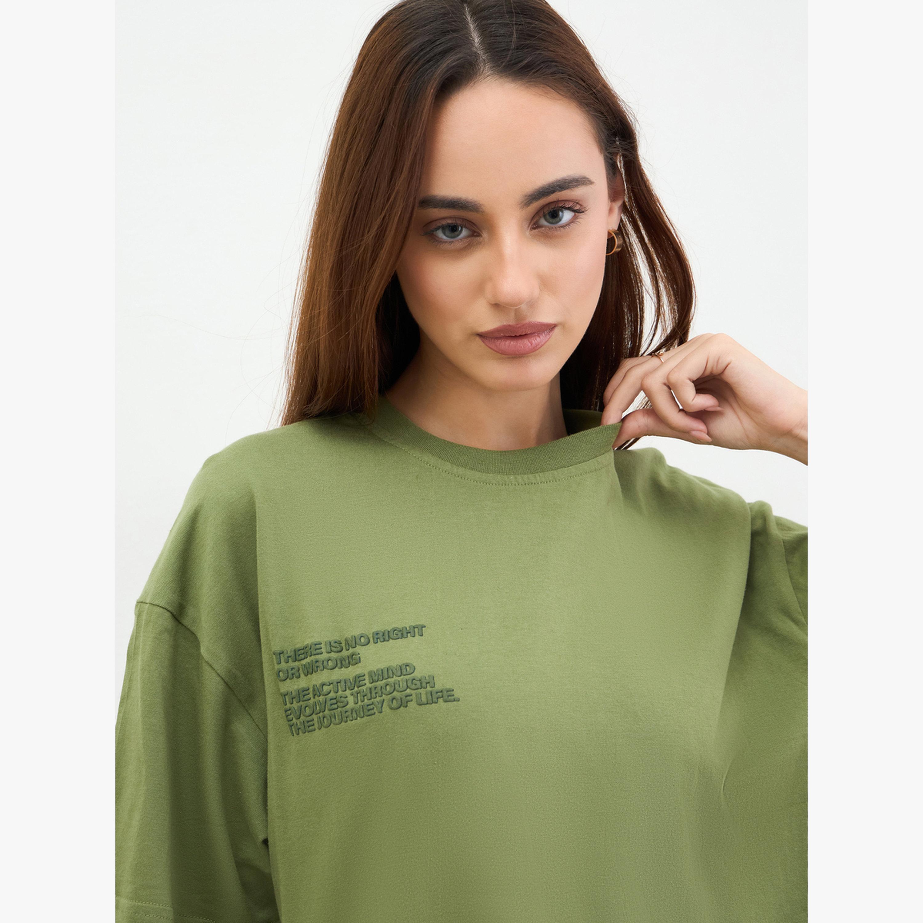 Styli Khaki Oversized Embossed Print T-Shirt-women-clothing-tshirts-image-4