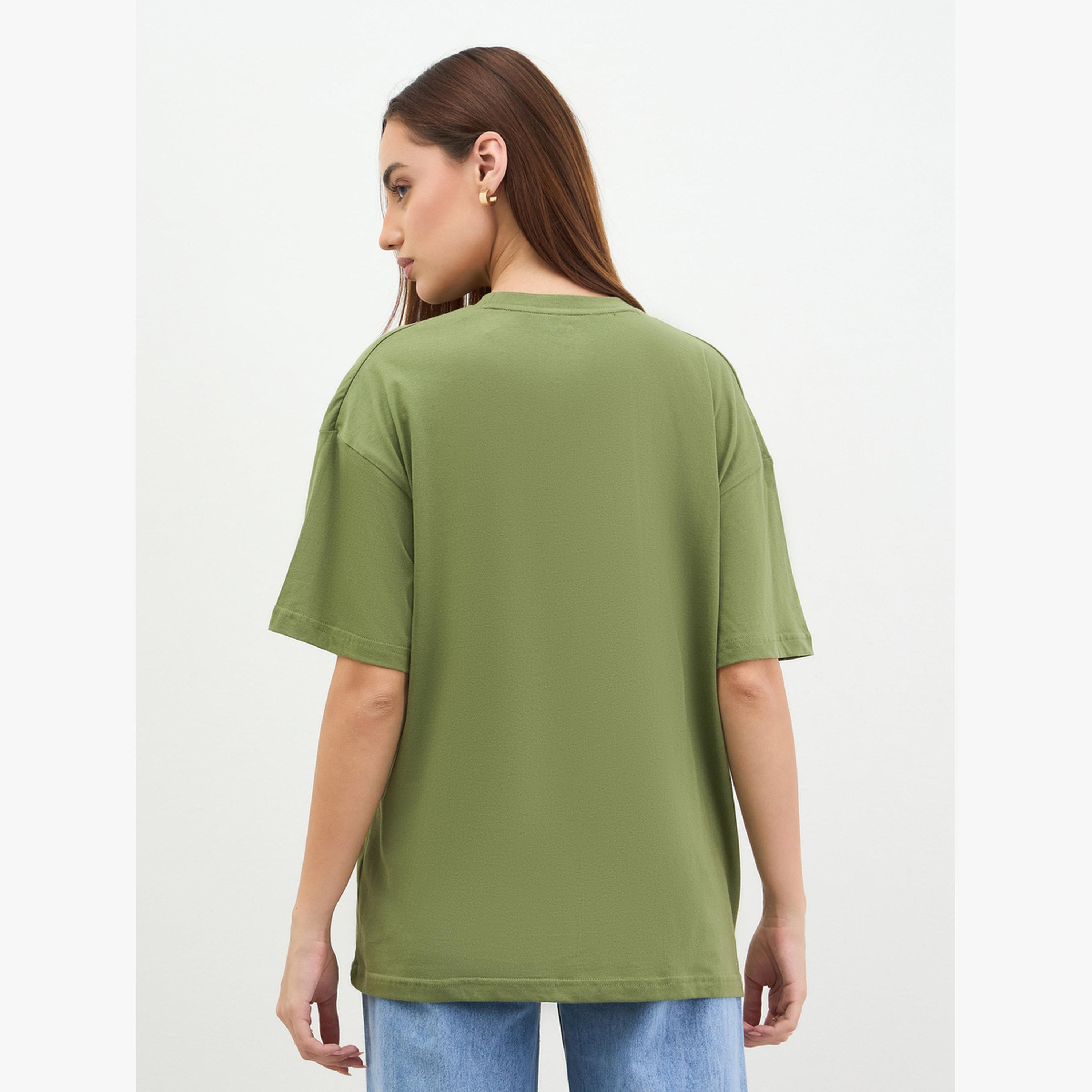 Styli Khaki Oversized Embossed Print T-Shirt-women-clothing-tshirts-image-5