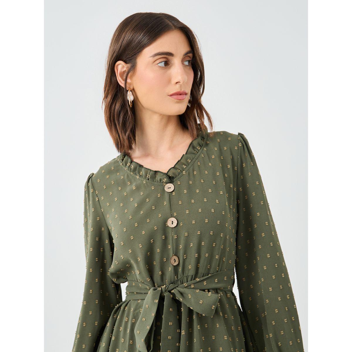 فستان بطول الركبة بتفاصيل كسرات مع نسيج بملمس دوبي-women-clothing-dresses-image-4