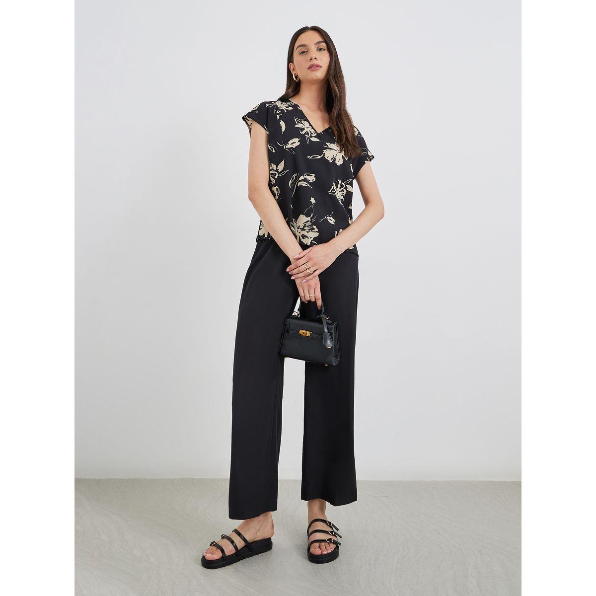 Styli Black Floral Blouse and Pants Co-Ords-women-clothing-coordsets-image-2