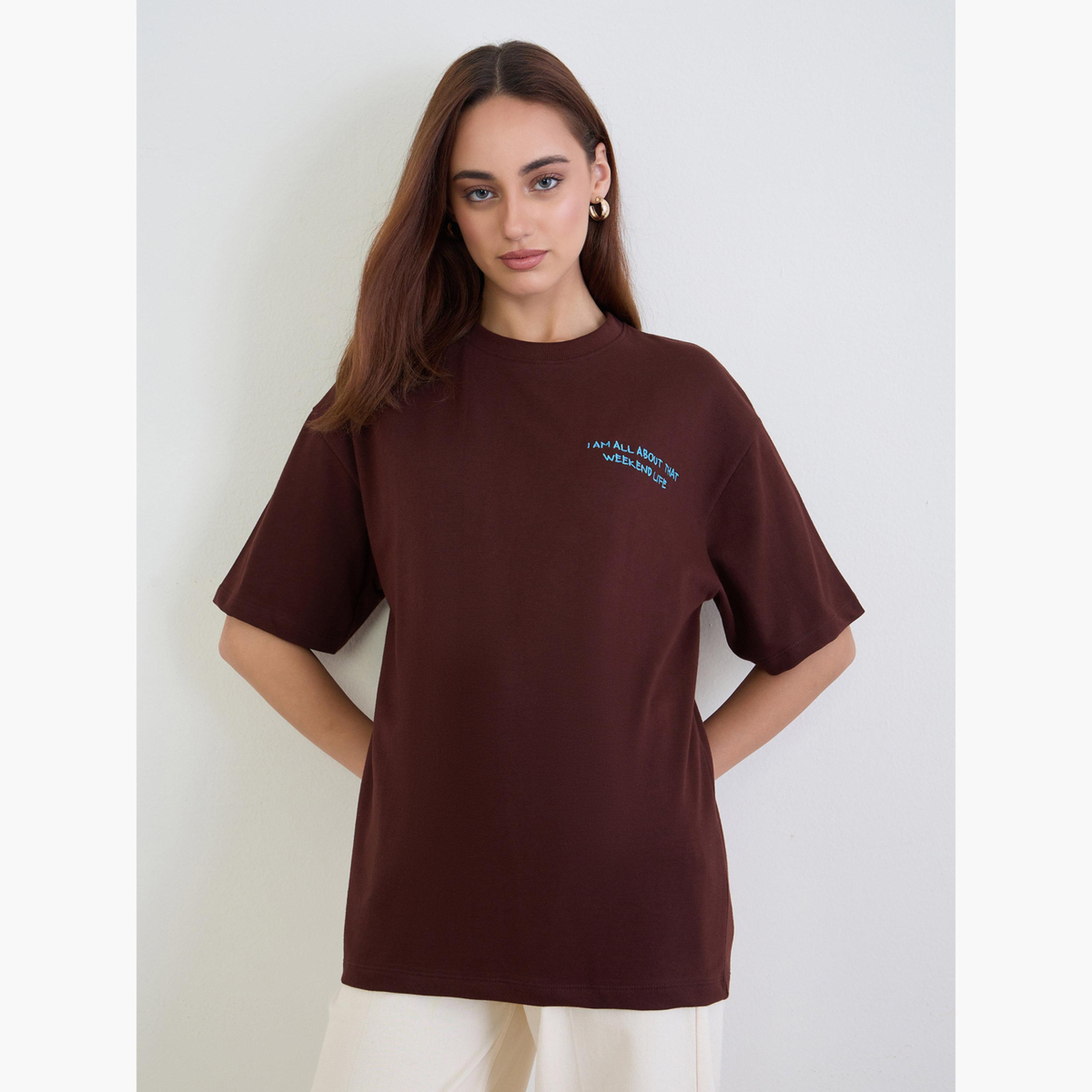 Styli Women Brown Embroidered Slogan Oversized T-Shirt-women-clothing-tshirts-image-1