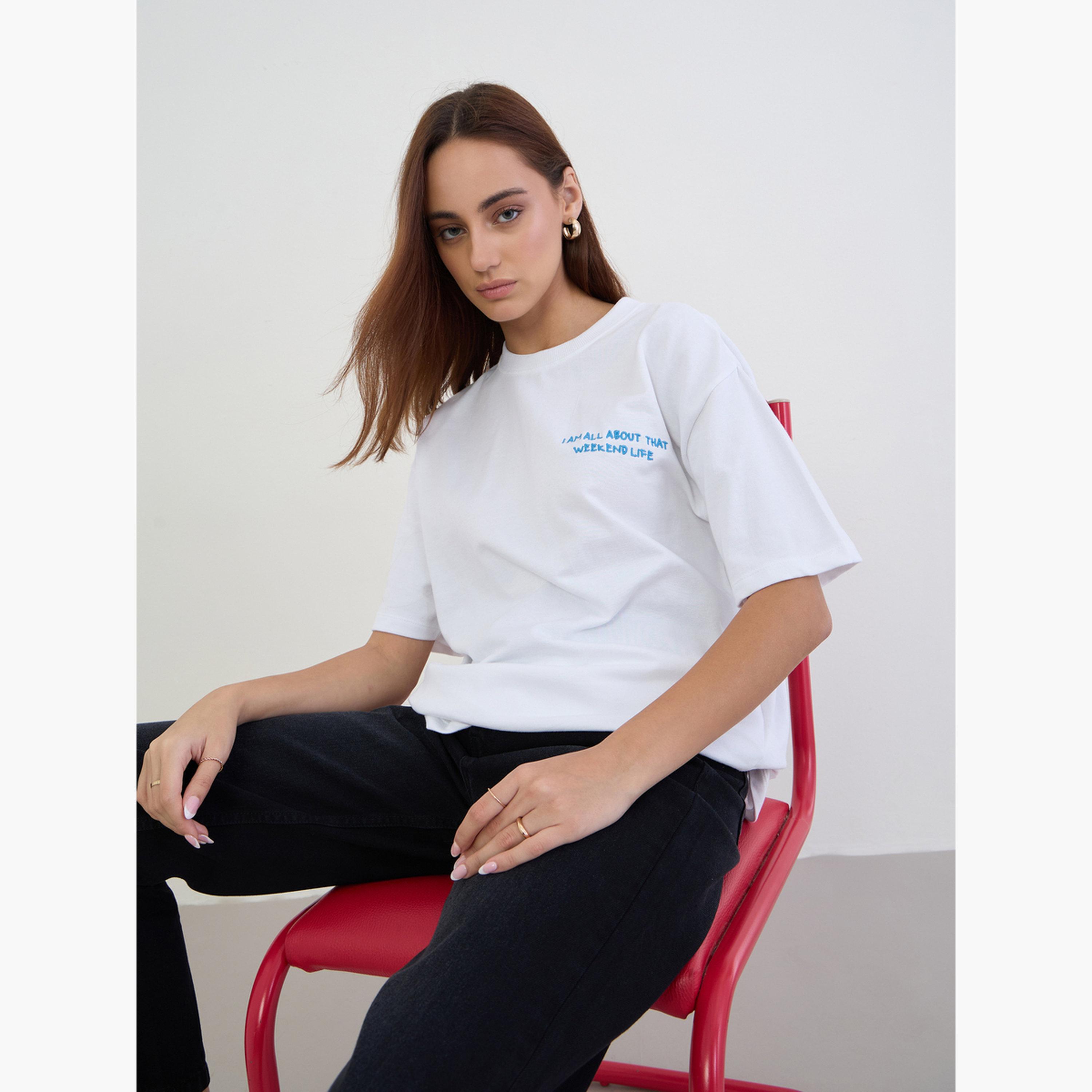 Styli Women White Embroidered Slogan Oversized T-Shirt-women-clothing-tshirts-image-3