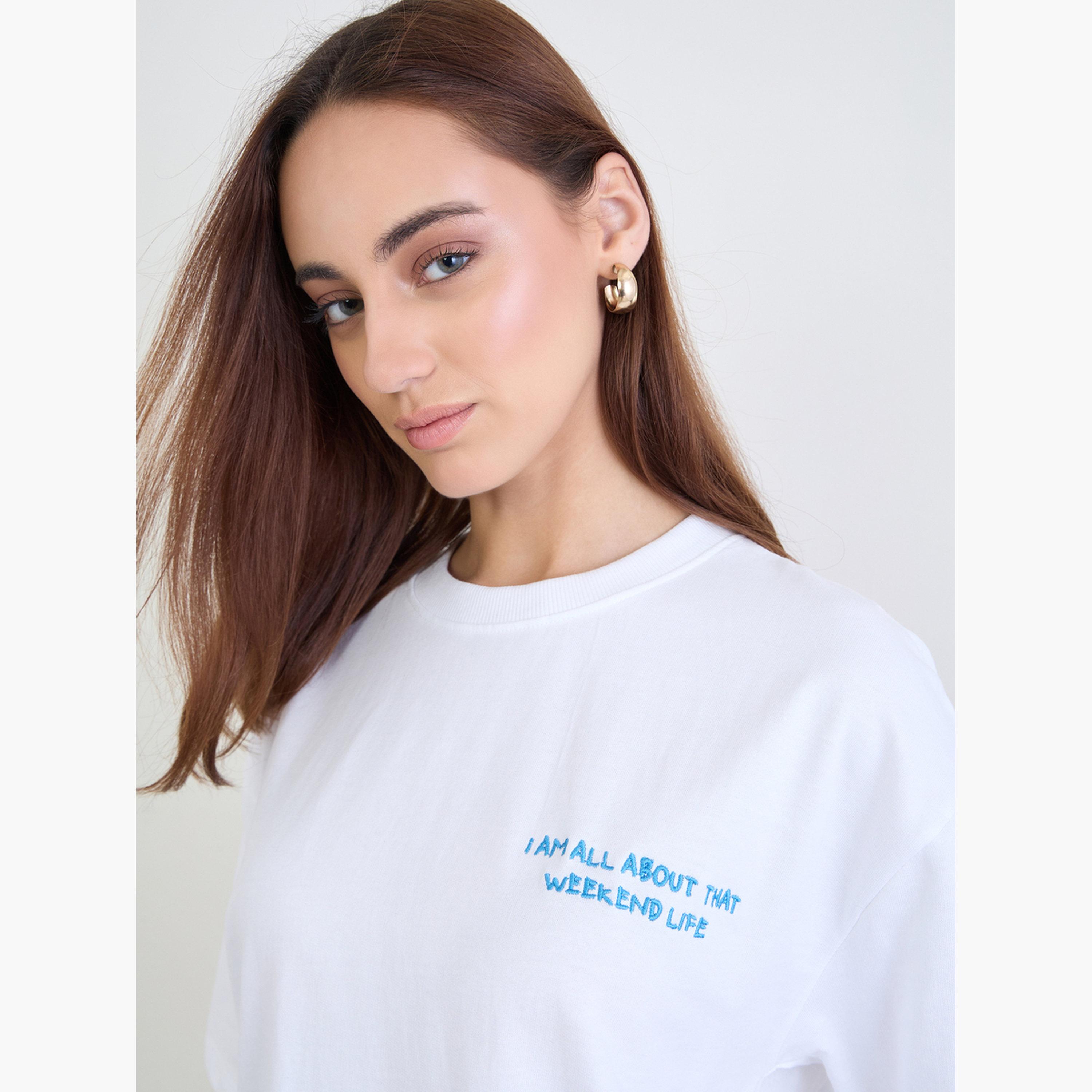 Styli Women White Embroidered Slogan Oversized T-Shirt-women-clothing-tshirts-image-4