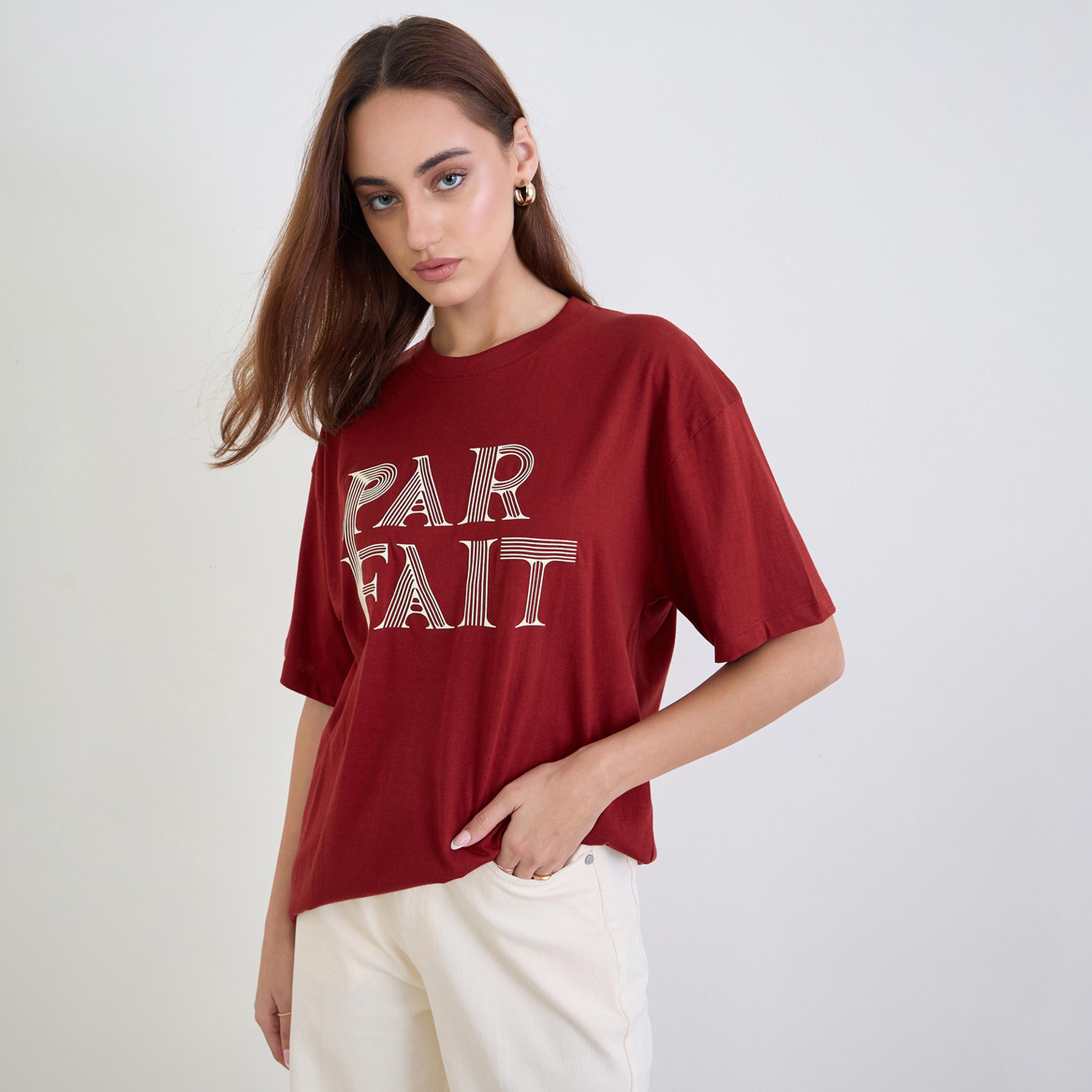 Styli Red Slogan Print Oversized T-Shirt-women-clothing-tshirts-image-1