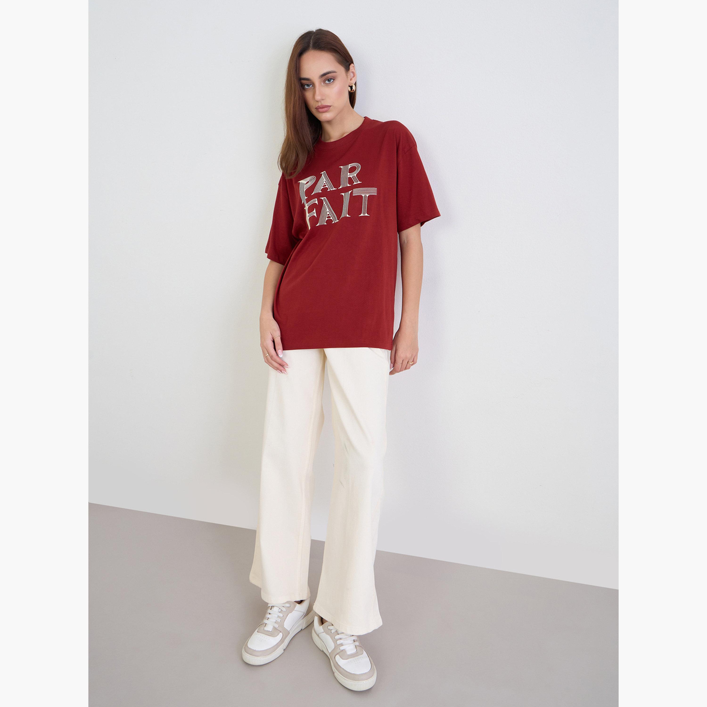 Styli Red Slogan Print Oversized T-Shirt-women-clothing-tshirts-image-2