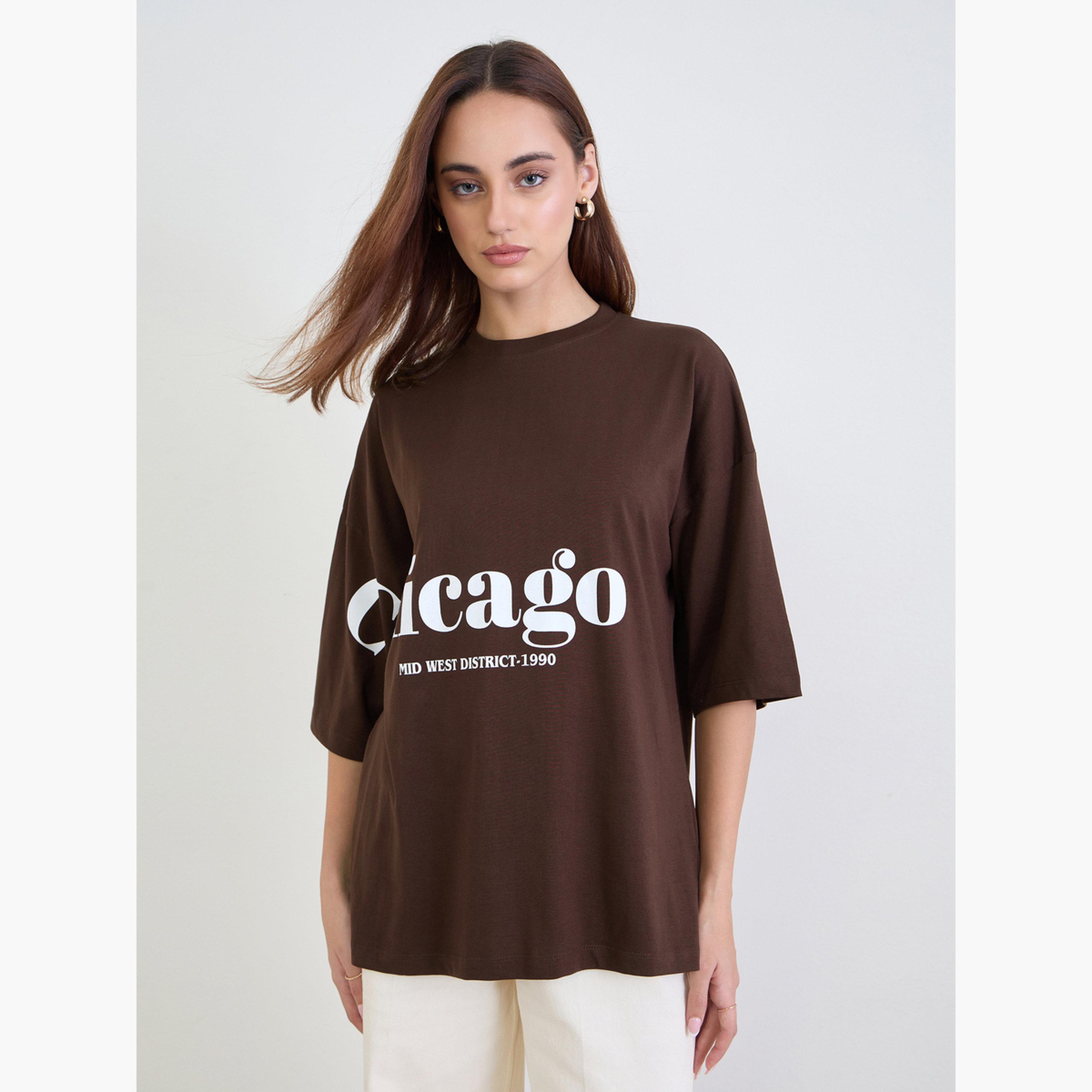 Styli Women Brown Chicago Graphic Oversized T-Shirt-women-clothing-tshirts-image-1
