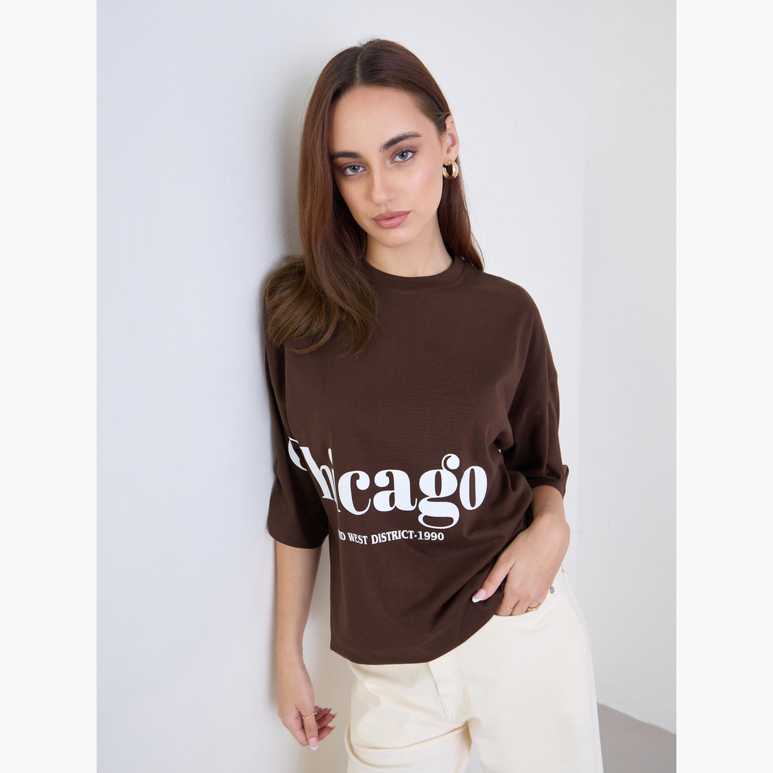 Styli Women Brown Chicago Graphic Oversized T-Shirt-women-clothing-tshirts-image-3