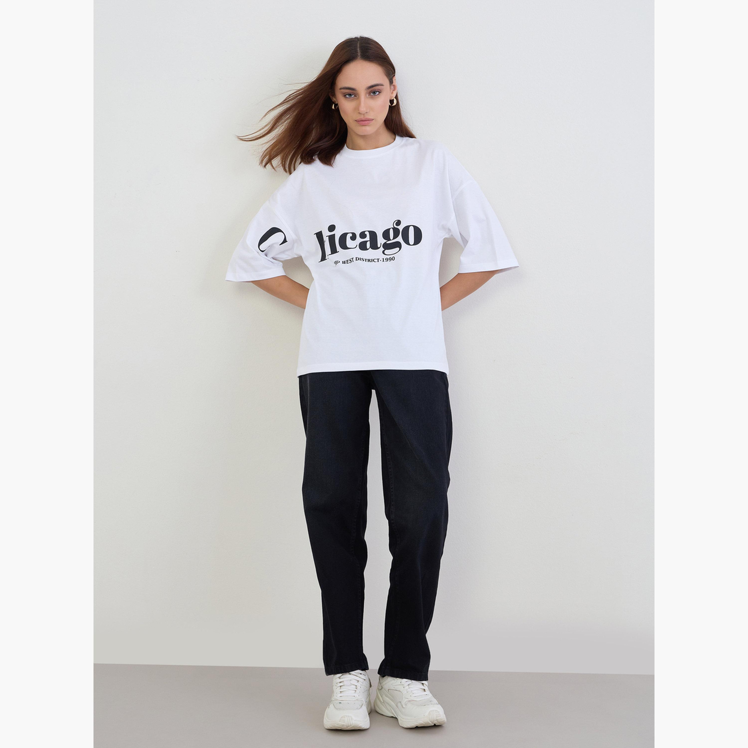Styli Women White Chicago Graphic Oversized T-Shirt-women-clothing-tshirts-image-2