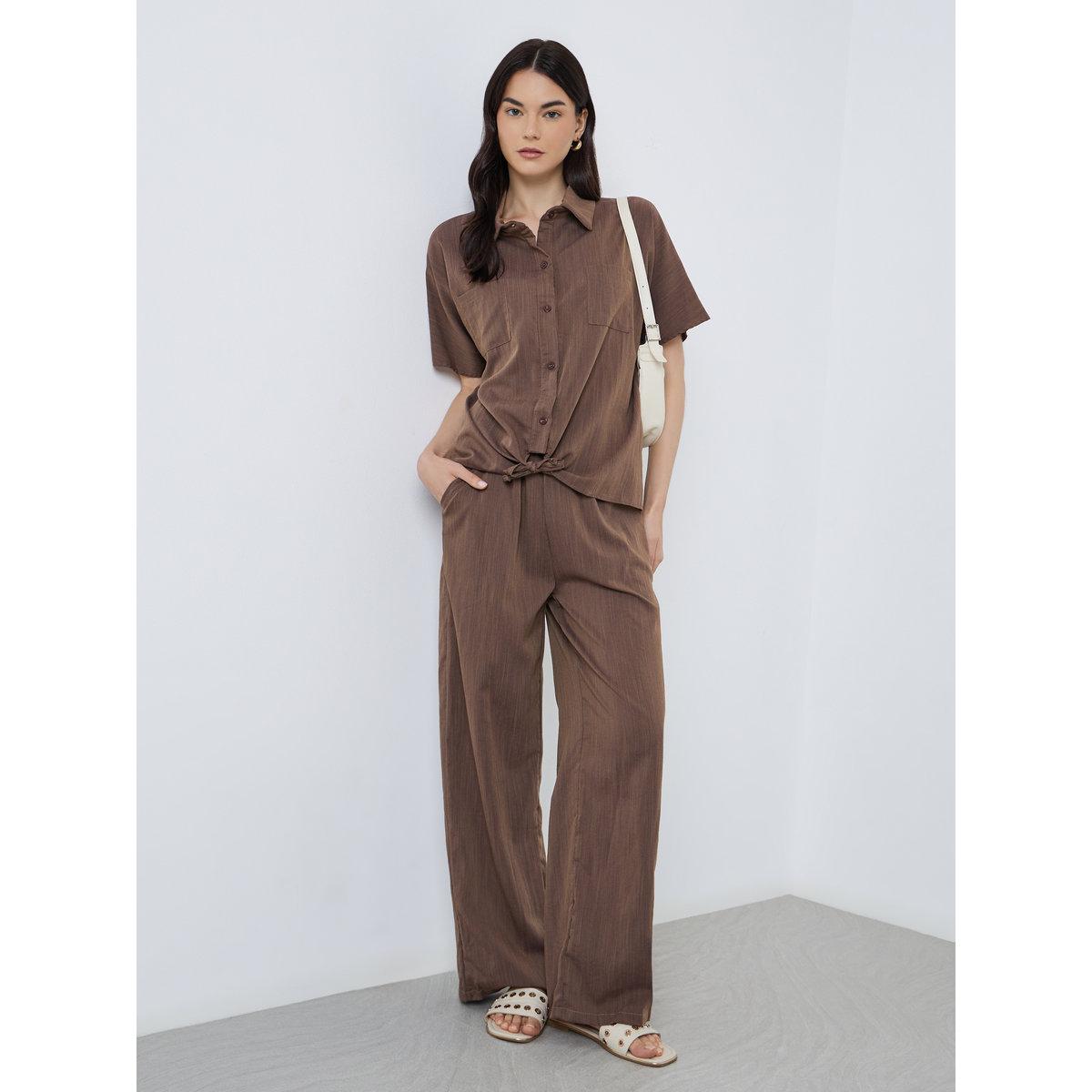 Styli Knotted Detail Buttoned Shirt and Pants Co-Ords-women-clothing-coordsets-image-1