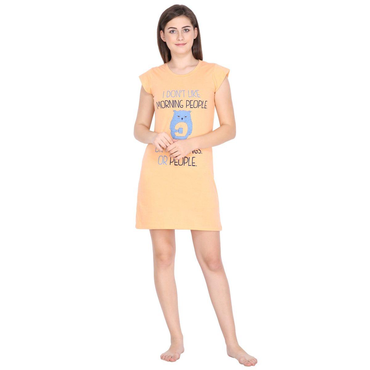 KLAMOTTEN X Styli Women Peach Cotton Blend Sleepshirt-women-clothing-nightwear-nighties-image-1